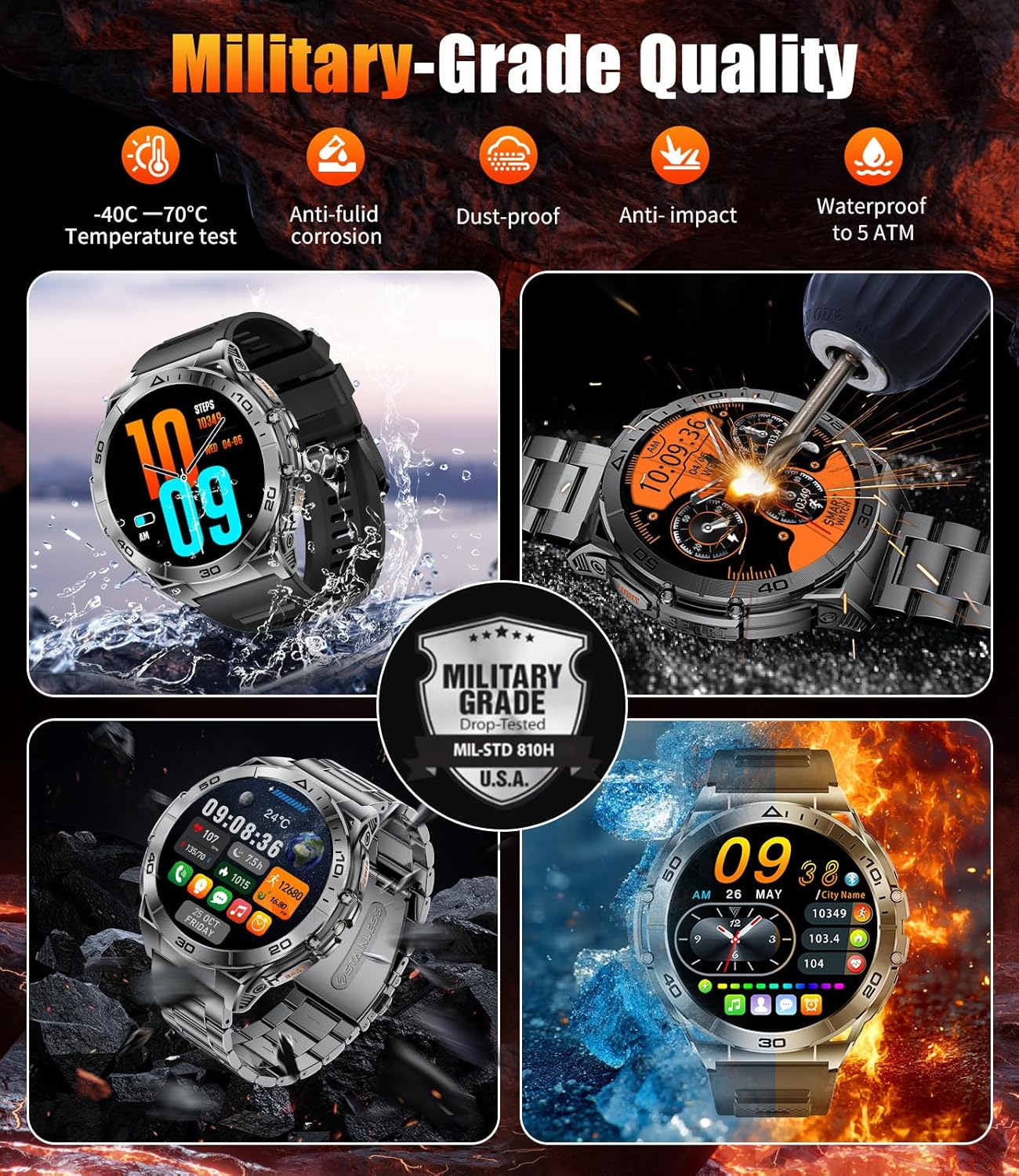 Smart Watches for Men with Flashlight,1.6" AMOLED Always on Display Outdoor Sports Smartwatch with 111 Sports modes ,Heart Rate/Sleep Monitor IP68 Waterproof Fitness Tracker for Android iOS,2 Straps