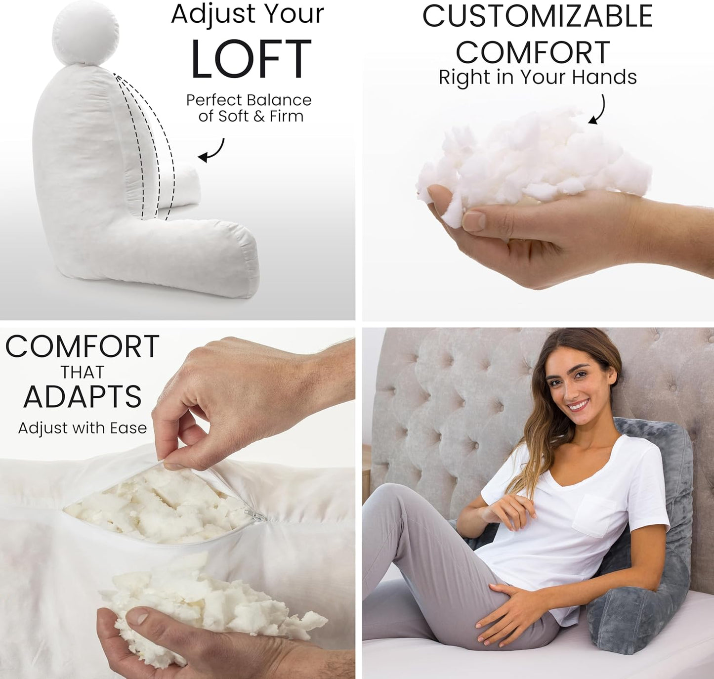Husband Pillow Dark Grey, Standard+ Original Reading Pillow in Bed Rest Chair, Shredded Memory Foam Large Lounge Cushion Adult Backrest w/Arms, Comfy Back Support for Sit Sitting Up, Removable Cover