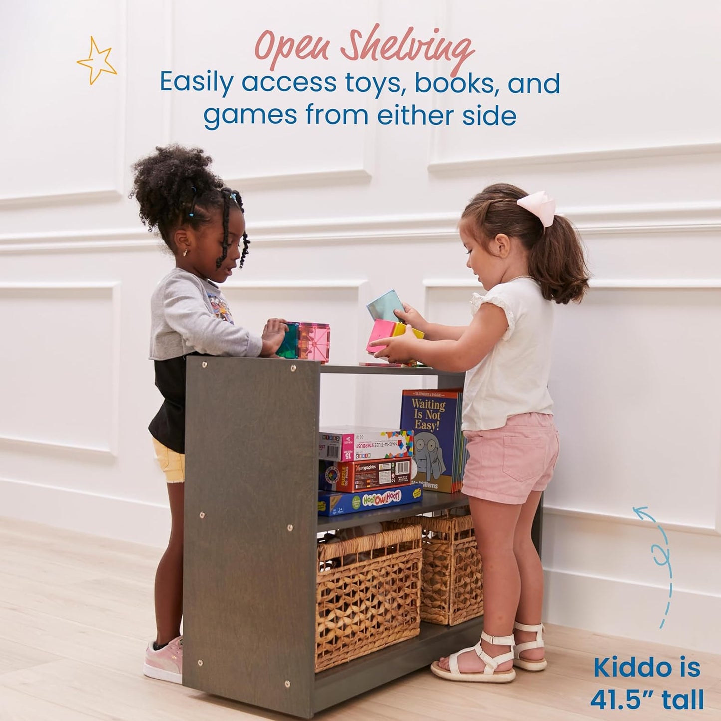 ECR4Kids 2-Shelf Mobile Island Storage Cabinet, Classroom Furniture, Grey Wash