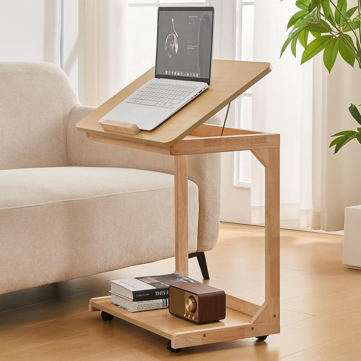 DUOMING Small Laptop Table with Wheels - Rolling Laptop Side Table Desk for Couch, Bedside Table Bedroom, Wooden TV Tray for Living Room, Natural