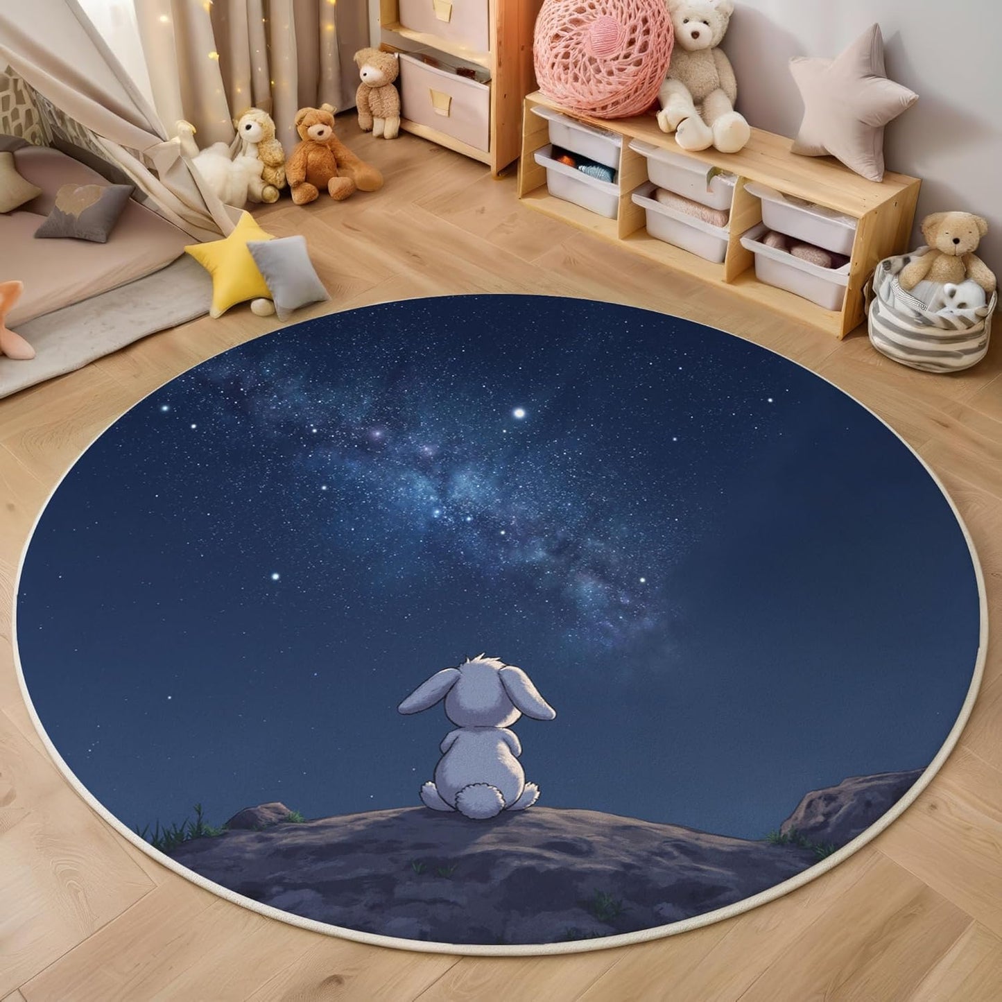 Round Area Rug, 5.25Ft Washable Non-Slip Dark Blue Cute Rabbit Starry Sky Circle Rug, Soft Low-Pile Milky Way Landscape Indoor Small Circular Carpet for Bedroom Entryway Dining Living Room