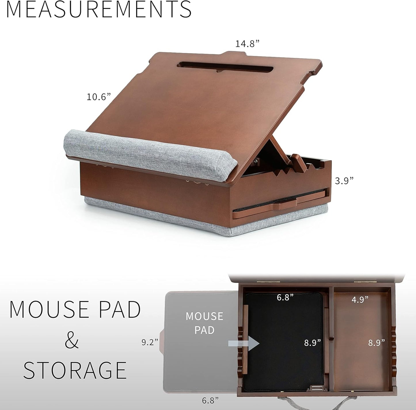 Wooden Tilting Lap Desk for Writing, Drawing, Laptop Work, and More, Height Adjustable Compact Table with Slide-Out Mouse Pad, Internal Storage, Wrist Support, Dark Wood, SX-LAPD-1