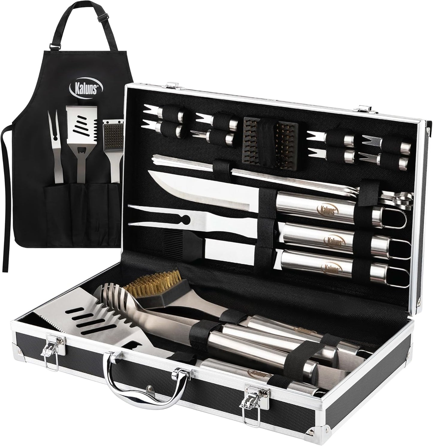 Kaluns Grilling Accessories, Dad Gifts for Fathers Day, Mothers Day Grilling Gifts, Heavy Duty Stainless Steel BBQ Tool Set for Outdoor Grill with Aluminum Case and Apron, Birthday Gifts for Men