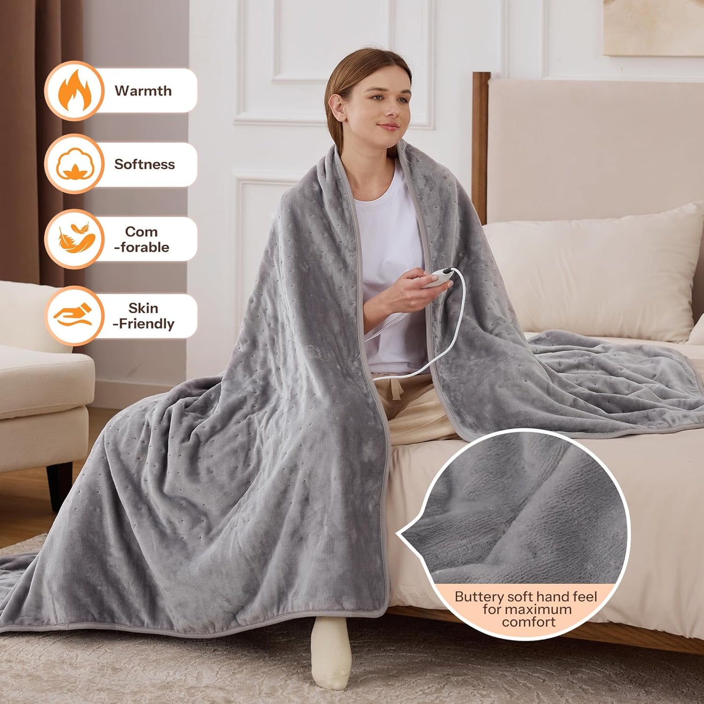 Heated Blanket Electric Throw 50"x60" Throw Size, Electric Blanket with 6 Heating Levels and 1-12 Hours Timer Auto Off, Soft Flannel Fleece Fast Heating Blanket, Overheat Protection, Machine Washable