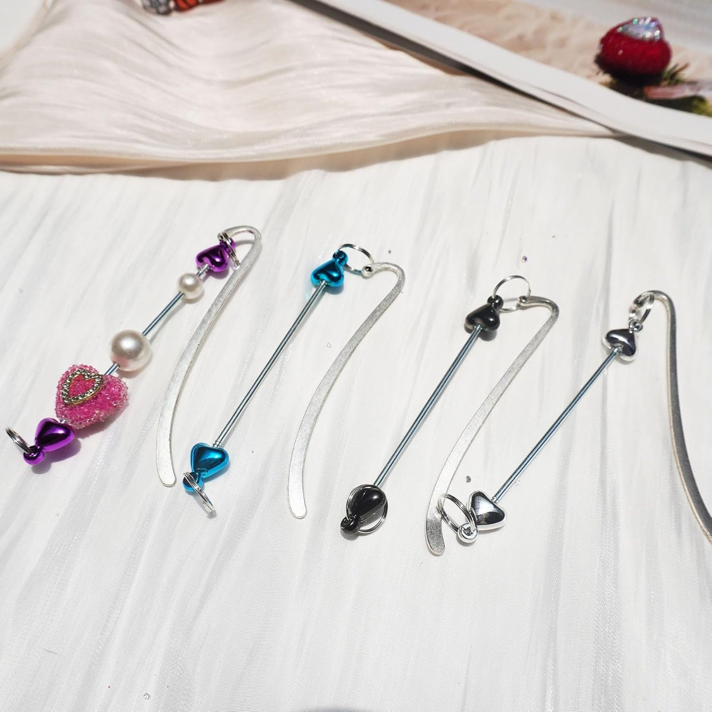 15 Pack Beadable Bookmarks with Blank Bar Bulk Love Heart Metal DIY Bookmark for Beads Jewelry Pendants Charms Beading Book Make Marks Craft Colorful