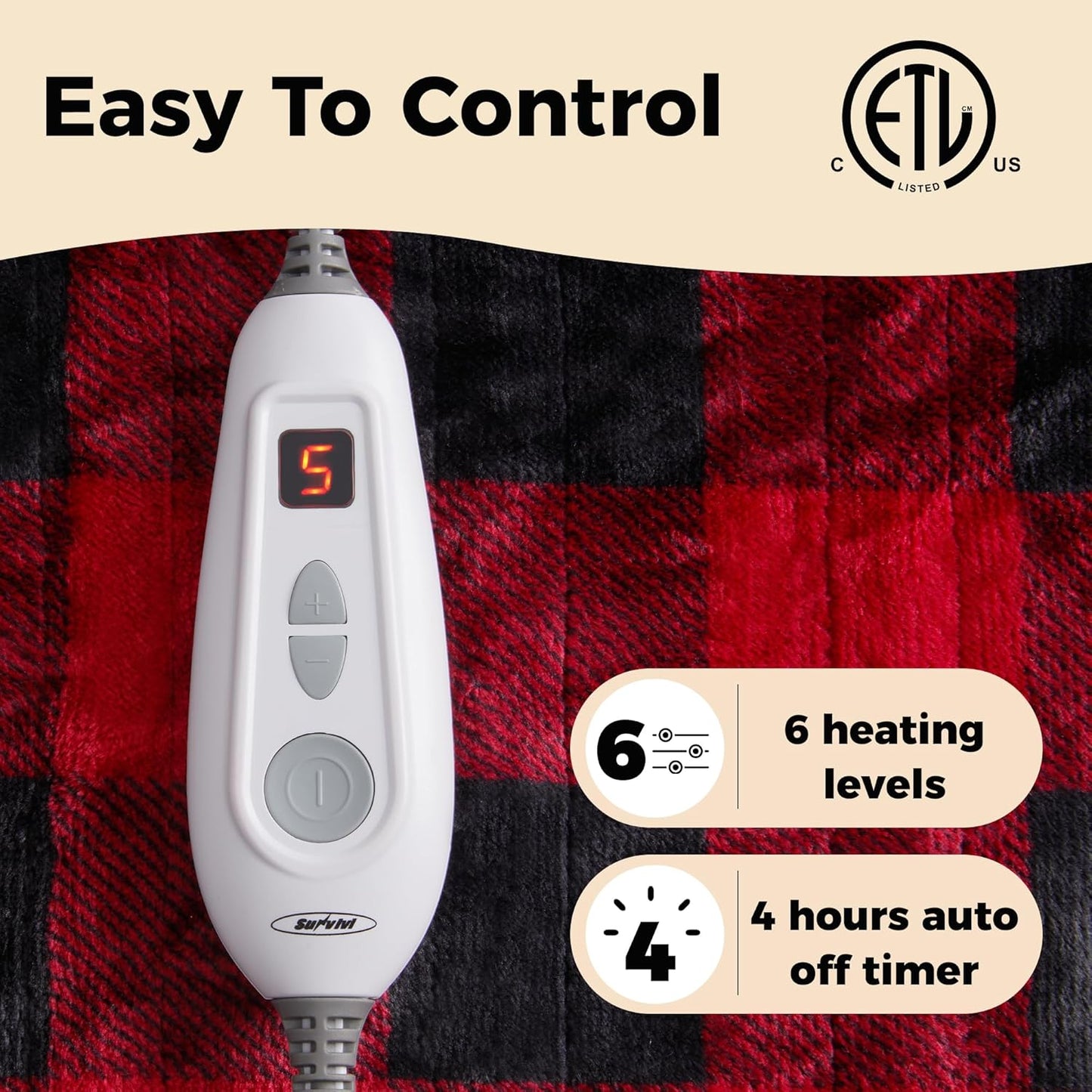 SUNVIVI Heated Blanket Throw Size, Electric Blanket Double-Layer Flannel with 4 Heating Settings, 4 Hours Auto Off, 5 Years Warranty, ETL Certified, Machine Washable, Black & Red, 50" x 60"