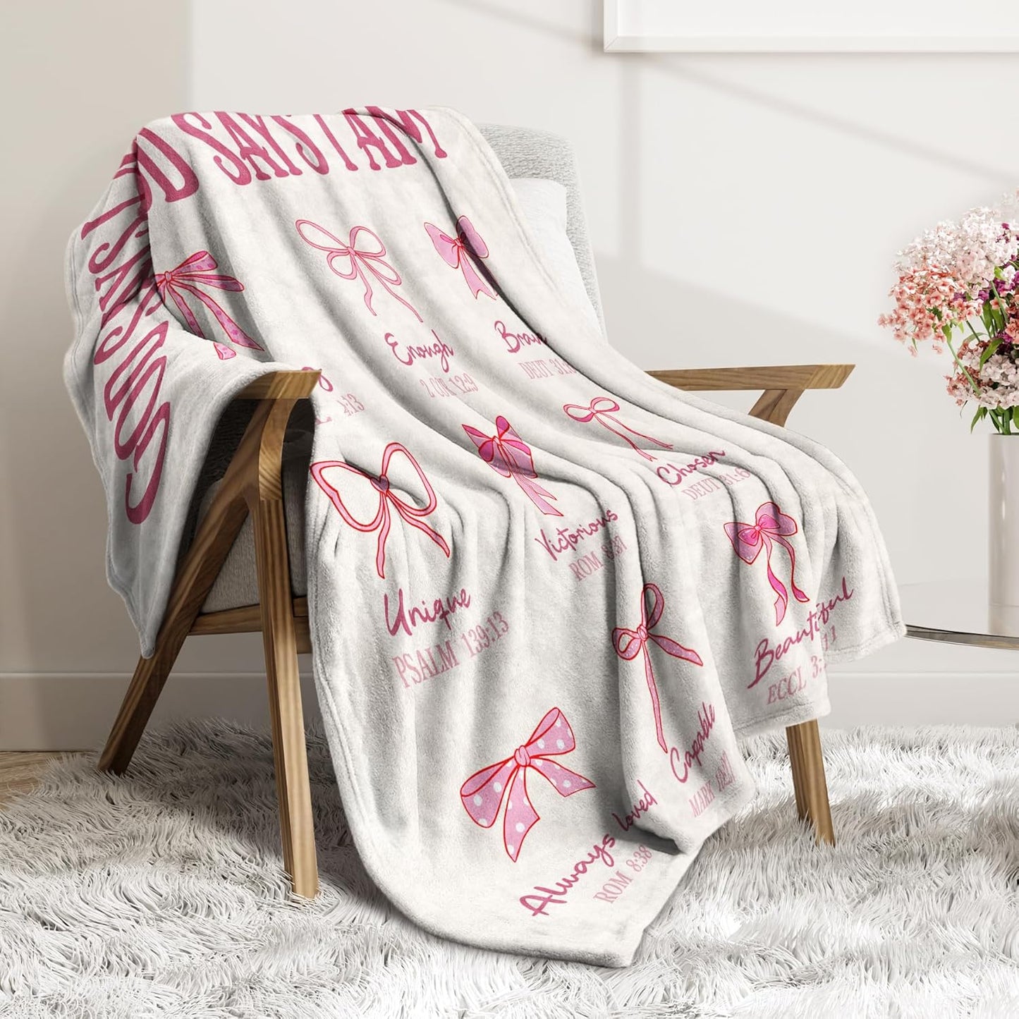 Baptism Gifts for Girls, Pink Bow Blanket, Christian Gifts for Women Birthday, Religious Inspirational Spiritual Confirmation Gift for Teen Girls, God Says I Am Bible Verse Blankets 60" x 50"