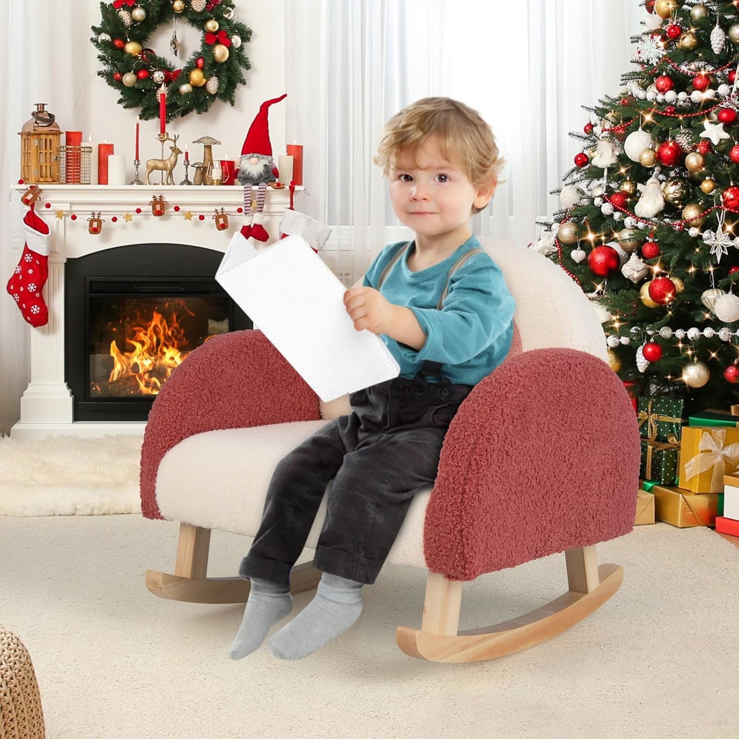 Kids Rocking Chair, Toddler Couch with Solid Wood Base & Non-Slip Pads, Kids Rocking Sofa with Plush Fabric, Cute Children Rocker Armchair in Playroom, Nursery, Bedroom
