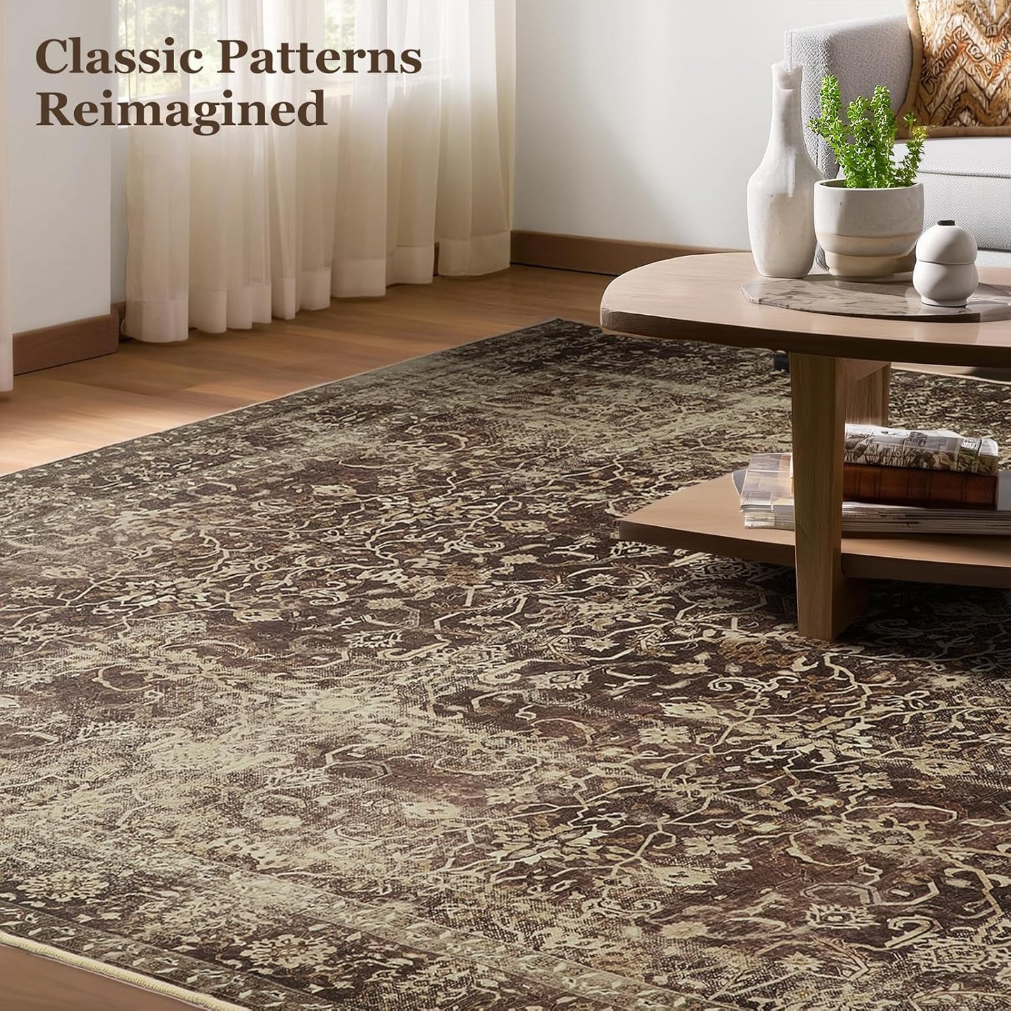 Distressed Coffee Brown Living Room Rugs 6x9, Washable Non Slip Thin Carpet Rugs for Dining Room Under Table, Vintage Earth Tone Area Rugs for Bedroom Home Office Reading Nook