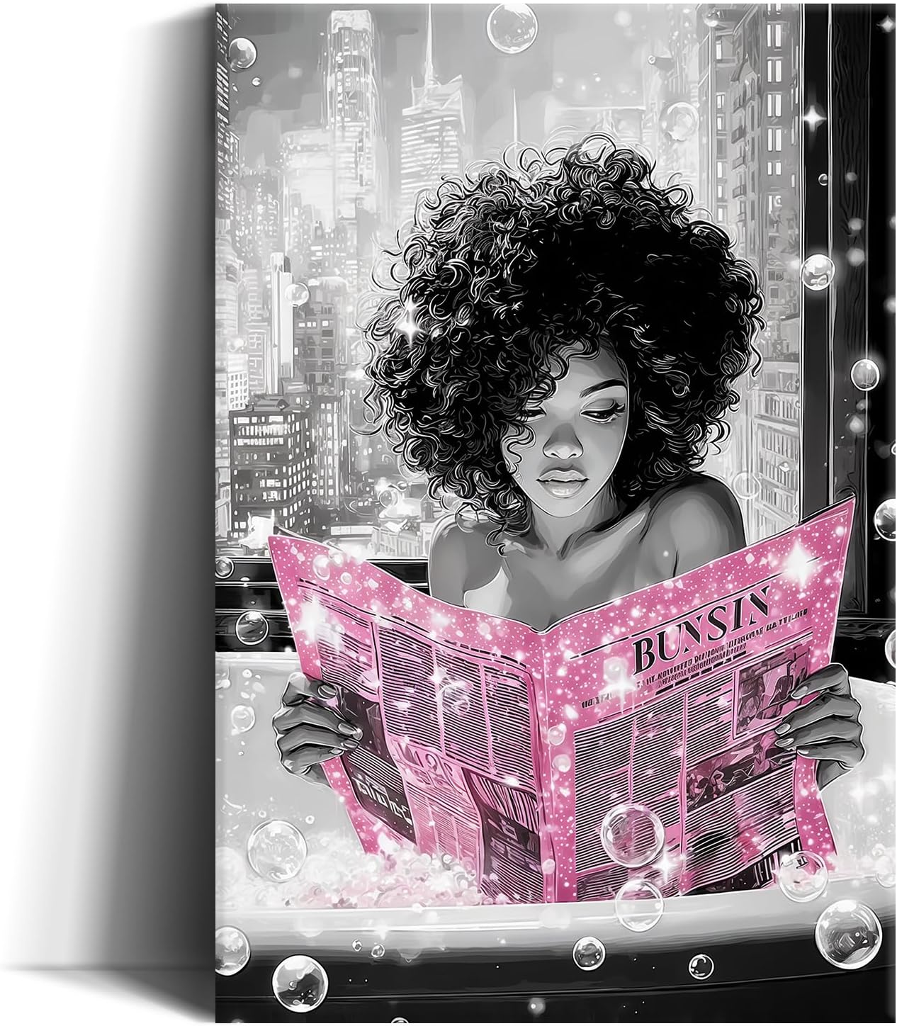 Black Girl Wall Art Afro Woman Reading Pink Newspaper in Bath Canvas Black White Cityscape Print Modern African American Painting Inspirational Picture Poster for Bathroom Home Decor(POR-02,12"x18")