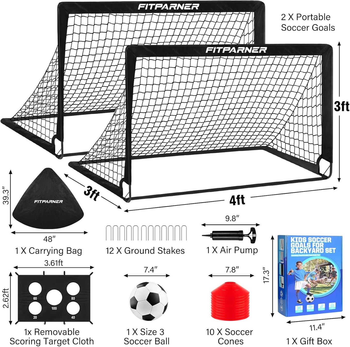 Soccer Goal,Backyard Soccer Goals for Kids 2 Pack,4x3/6x4 FT Portable Pop Up Soccer Nets with Target,Ball&Cones,Complete Training Equipment for Kids Youth Outdoor Sports Practice
