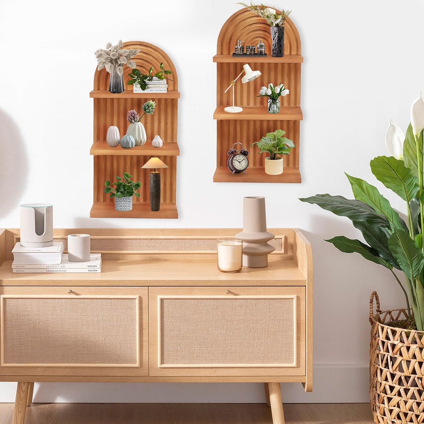 Qivine 2Pcs Boho Shelves for Wall, 3 Tier Rainbow Arch Wooden Floating Shleves, Boho Mid Century Shelf with Arched Wood Design Wall Mounted for Living Room, Bedroom, Bathroom Decor (Brown, 3-Tier)