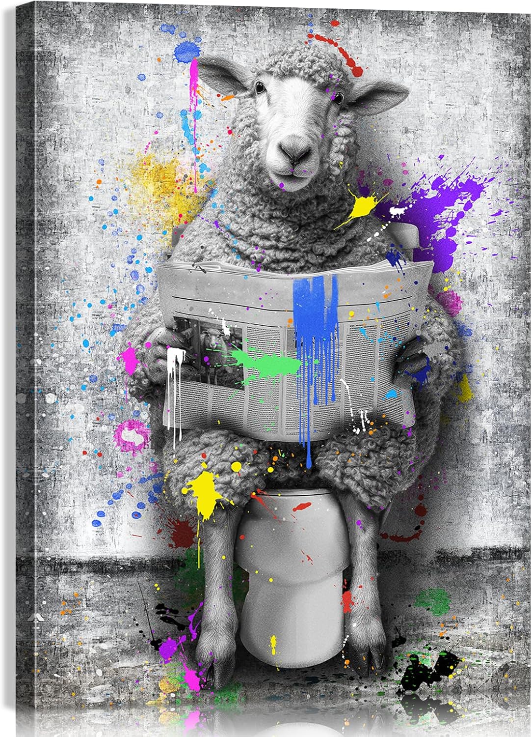 Bathroom Pictures Wall Decor - Lamb Sheep Reading Newspapers on Toilet Art Paintings with Inner Wooden Frame (12x16 Inches) - Funny Bathroom Wall Art Animal Posters - Lightweight Easy Hanging