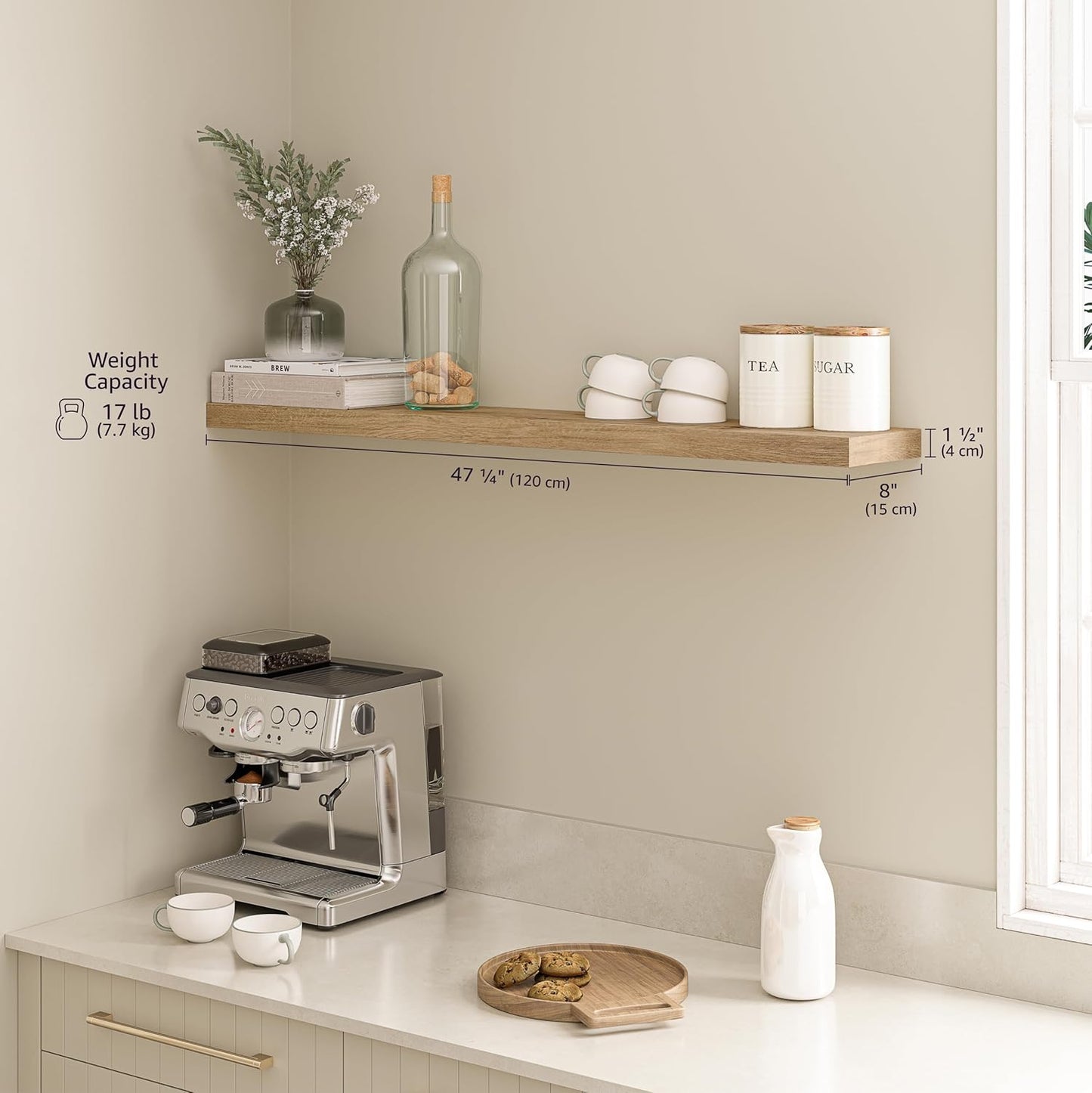 Ballucci Floating Shelf, 48" Wood Wall Shelf with Invisible Brackets for Bathroom, Living Room, Bedroom, Kitchen, Nursery, 8" Deep, Oak Finish