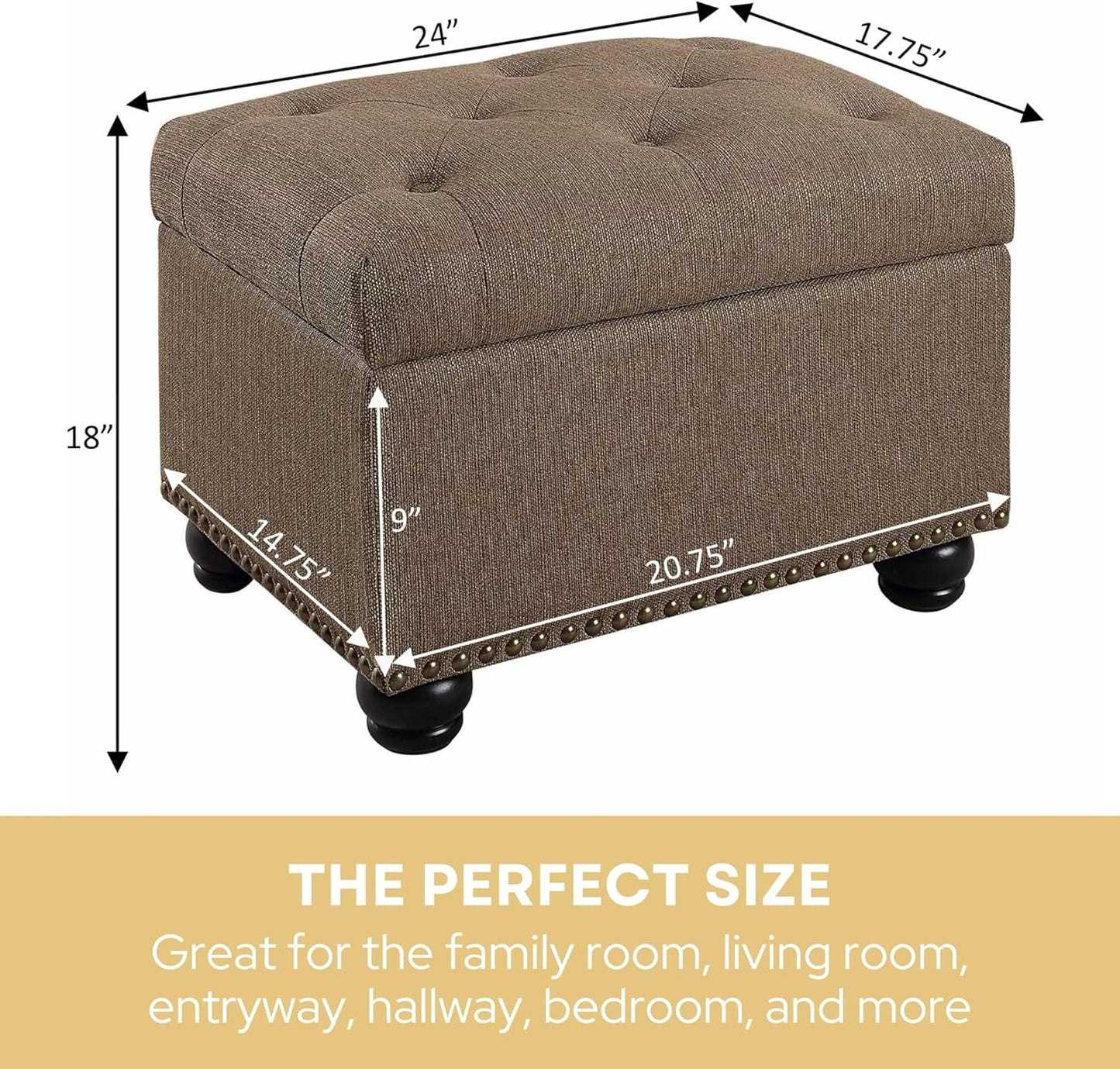 Convenience Concepts Designs4Comfort 5th Avenue Upholstered Storage Ottoman 24" - Contemporary Foot Stool and Seat with Hinged Lid for Living Room, Dining Room, Office, Den, Sandstone Fabric
