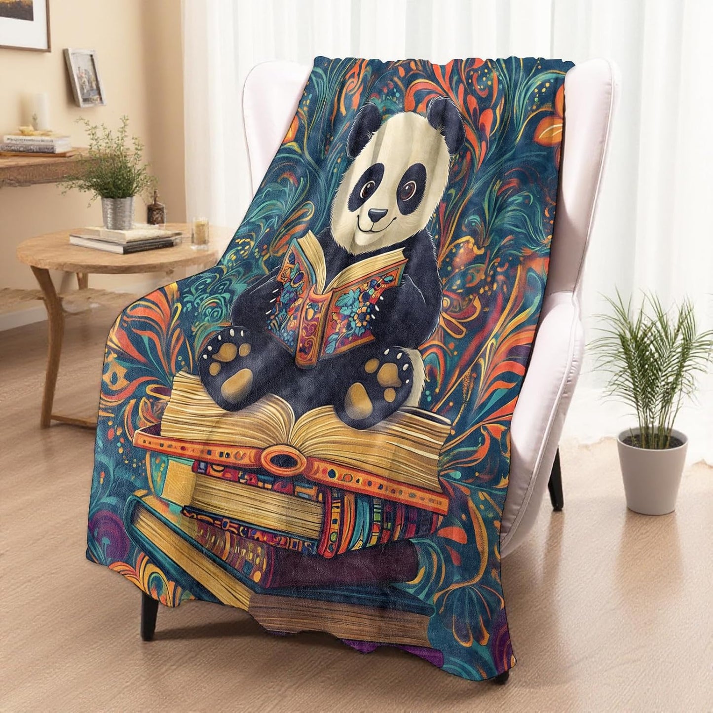 Reading Panda Blanket, Cozy Plush Cute Cartoon Pandas Throw Blanket for Couch Bedroom Outdoor, Lightweight Soft Flannel Travel Blankets, Gifts for Women Adults Kids, Warm Decor 50"×60"