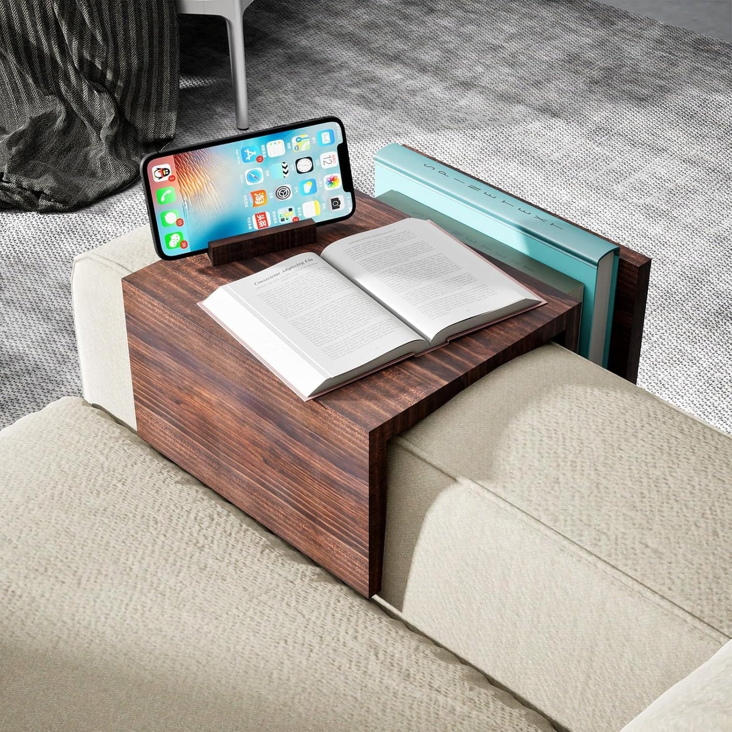 Couch Arm Table Tray with 360° Phone Holder Side Storage Pocket 3 in 1 Couch Armrest Table Wooden Clip-On Sofa Arm Tray Table for Living Room TV Dinners Eating Drinks Snacks (Brown)
