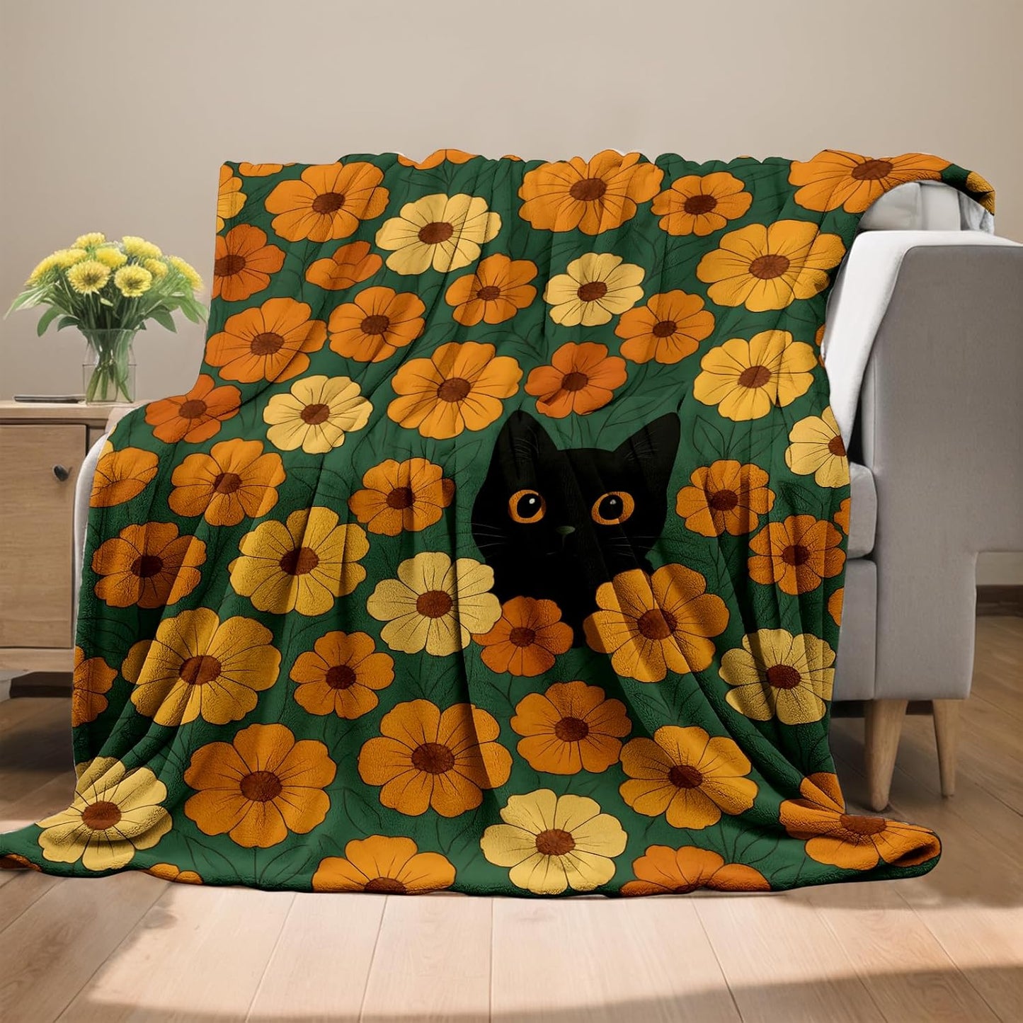 Playful Black Cat Floral Blanket, Flannel Throw Blanket Soft Cozy Lightweight Blankets for Adults Women Kids Home Decor for Sofa Couch Bed 60x50 Inch