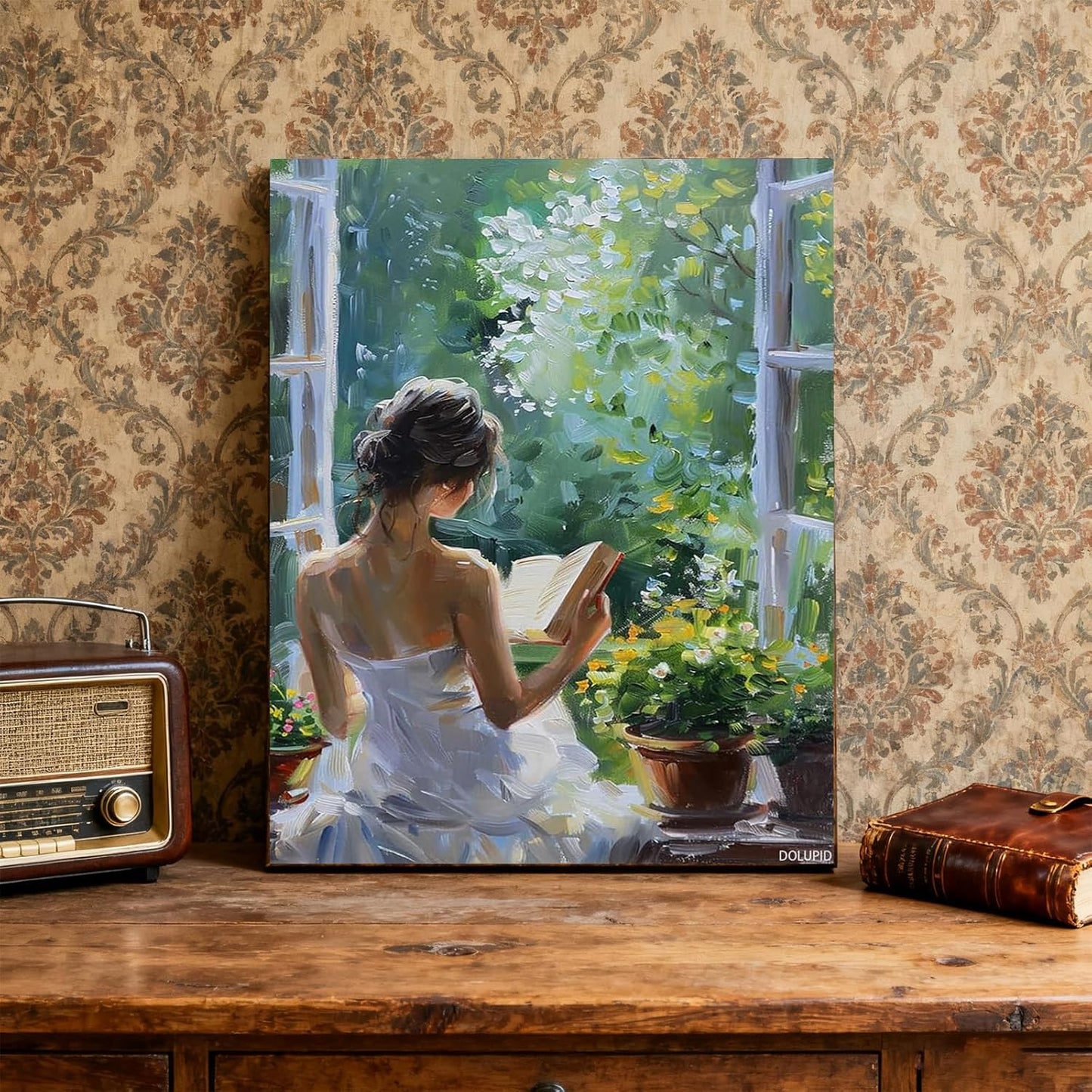 Vintage Oil Female Portrait Posters Women Window Reading a Books Wall Art Famous Antique Girl Painting Aesthetic Prints for Bedroom Gallery Wall Decor 8x10inch Framed