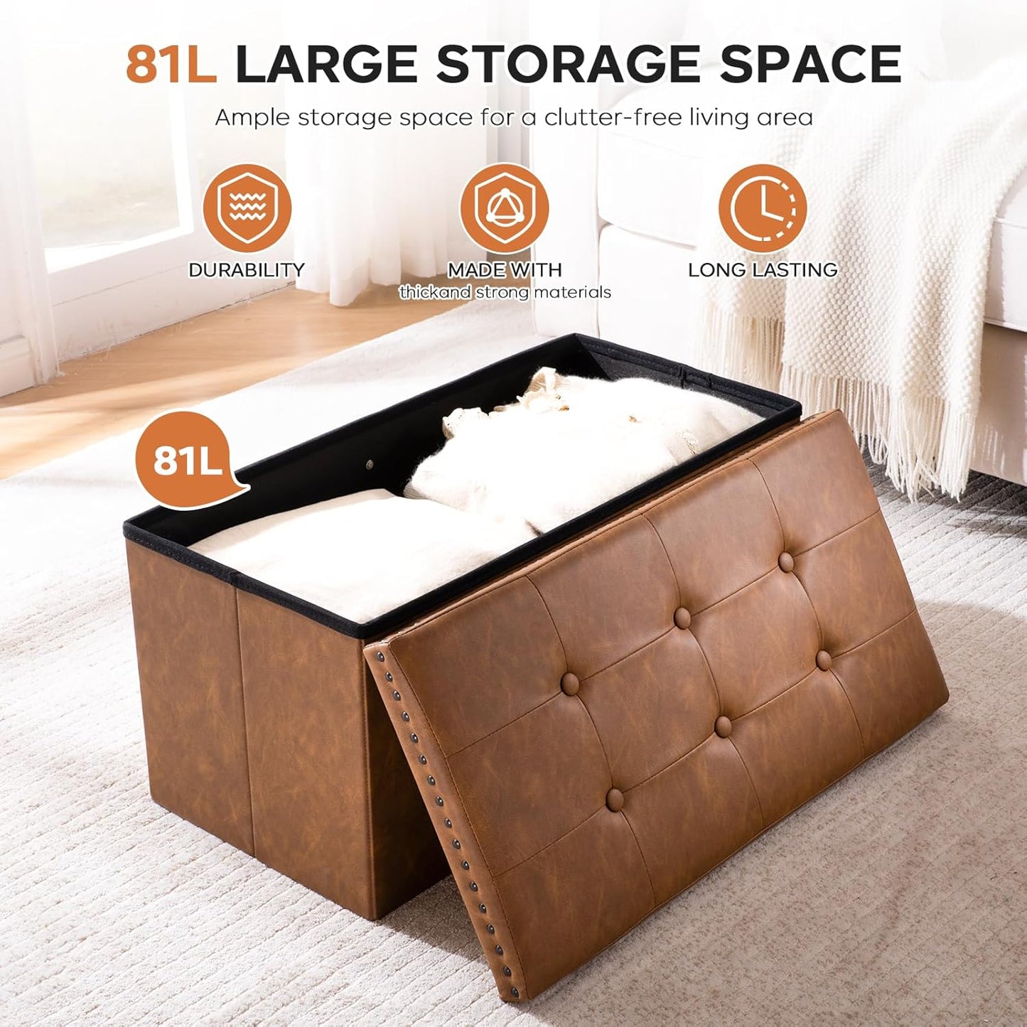 30 Inches Folding Storage Ottoman Bench, Ottoman PU Leather Tuffed End of Bed Bench, Foot Rest with Rivet Design, Ottoman with Storage, Load 330 lb, for Living Room, Bedroom, Entryway, Brown