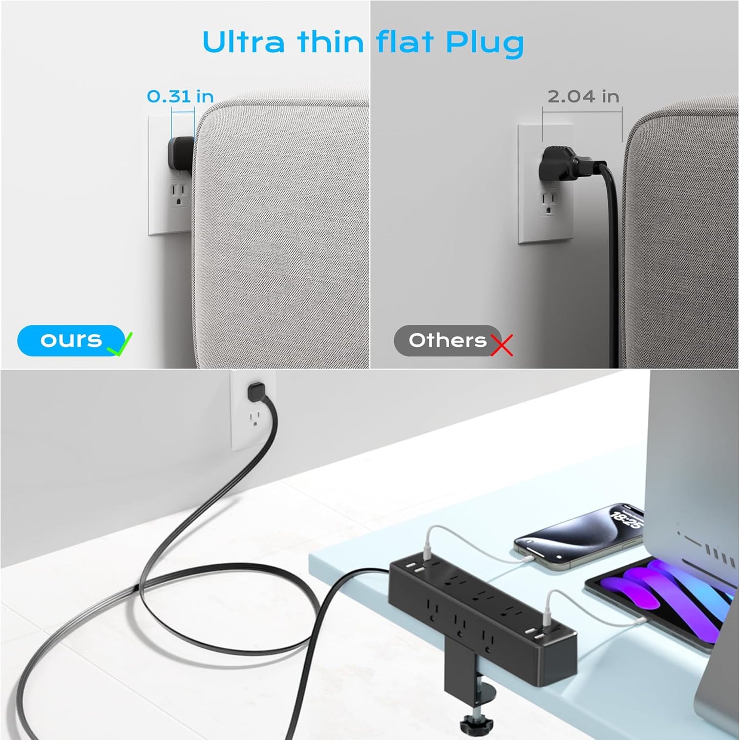 Flat Plug Desk Clamp Power Strip 10FT, 40W Total Fast Charging Station, Dual PD 20W USB C Ports, Desk Edge Mount Power Strip 9 AC Outlets 8 USB Ports(4 USB C) Surge Protector, Fit 1.7" Tabletop Edge