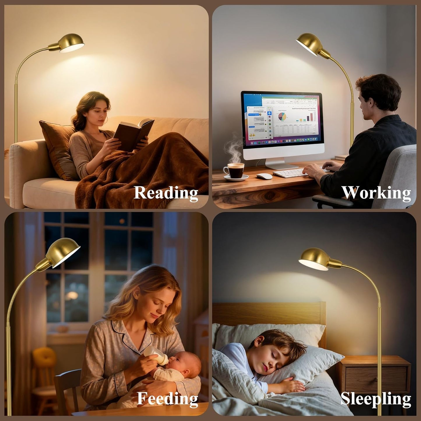 Floor Lamp for Living Room, 63" Standing Lamp with Adjustable Gooseneck, 3 Color Temperatures, Industrial Gold Floor Lamp Reading for Bedroom, Office, 9W LED Bulb