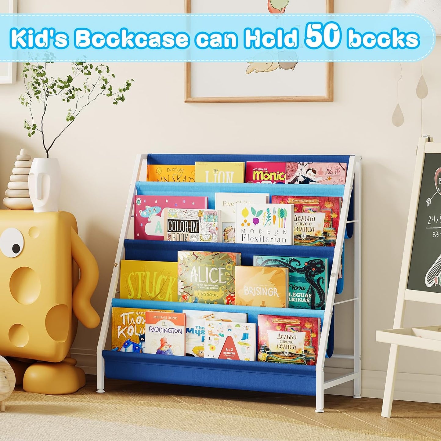 Kid Bookshelf for Kids Rooms, 4-Tier Blue Montessori Bookshelf,Toddler Children Bookshelf,Metal Kid's Book Storage Organizer for Boys Room Furniture Playroom Kindergarten