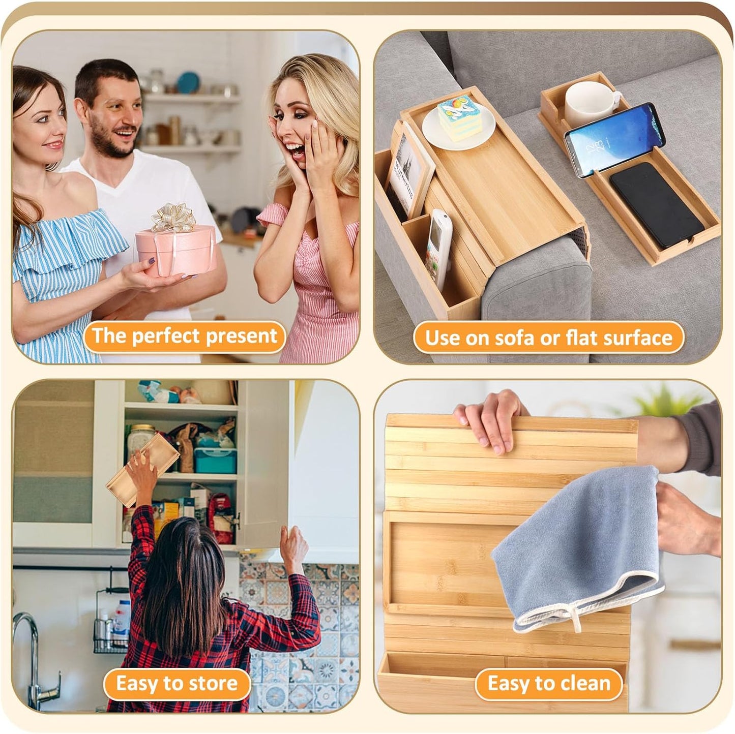 Bamboo Sofa Arm Tray, 2-in-1 Foldable Couch Armrest Tray with Detachable Cup Holder,Couch Arm Table for Armrests 5.5"–10.5" Wide,Anti-Falling Sofa Table for Drink,Cups,Phone,Snacks,Remote