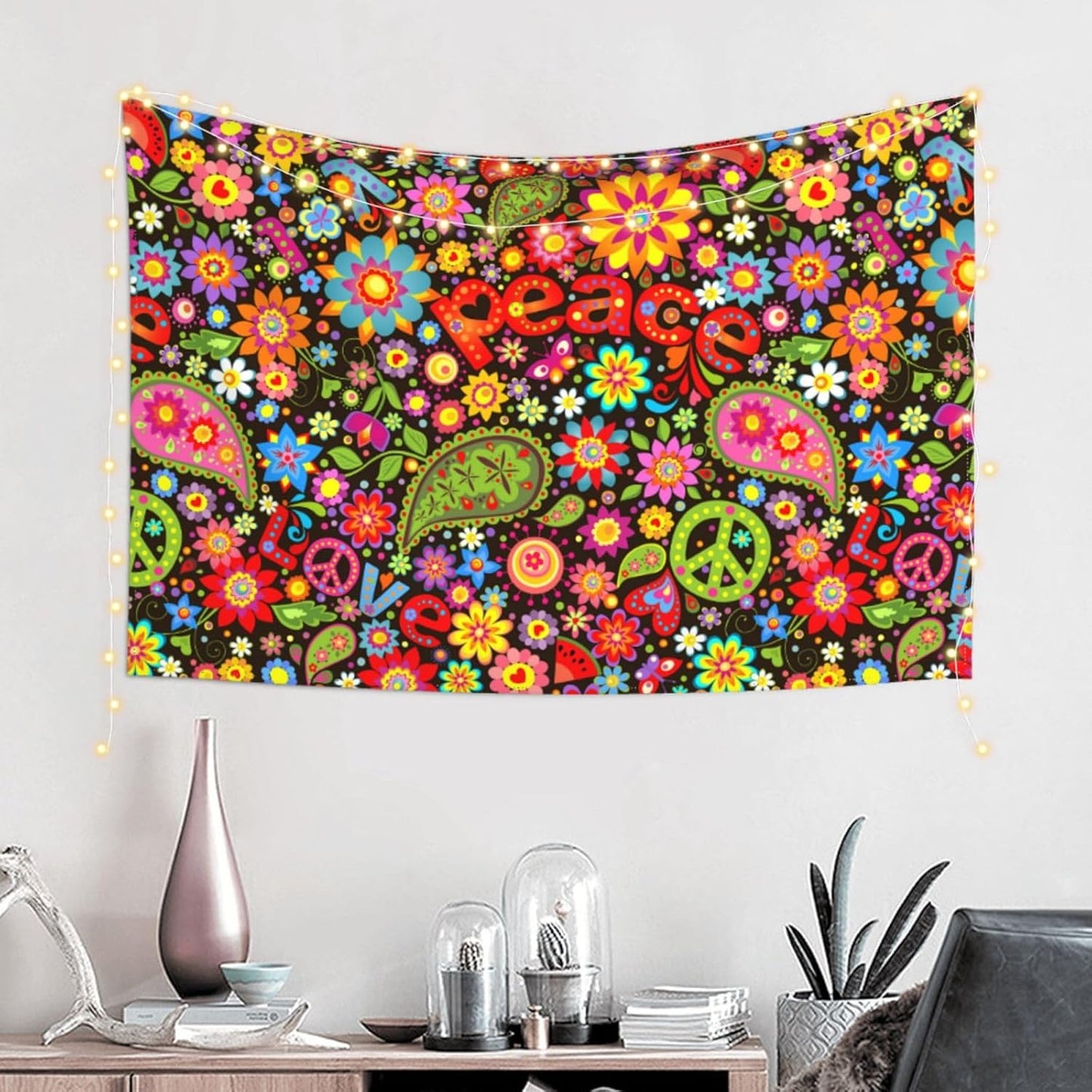 KOSUES 60s 70s Hippie Flowers Peace Sign Love Symbol Tapestry Wall Hanging Tapestries Wall Backdrop Room Poster Art Aesthetic Decor for Home Office Bedroom Living Room Dorm 60x40 Inch