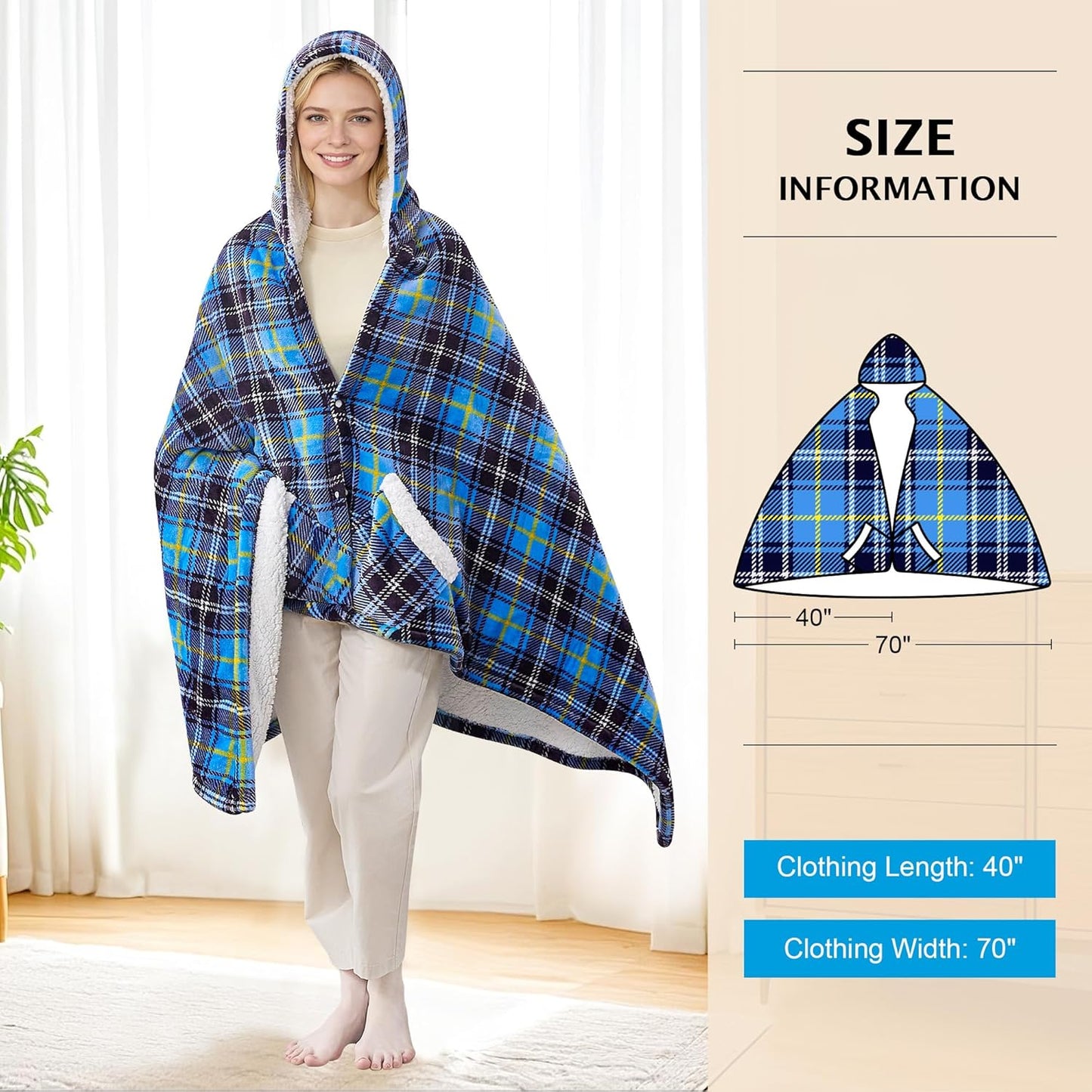 Electric Blanket Wearable Heated Shawl with Hood & Pockets – 6 Heat Settings, 4H Auto-Off, Flannel & Sherpa Reversible, Cozy Plaid Heated Throw Blanket for Home, Couch, or Gift, 40"x70", Blue