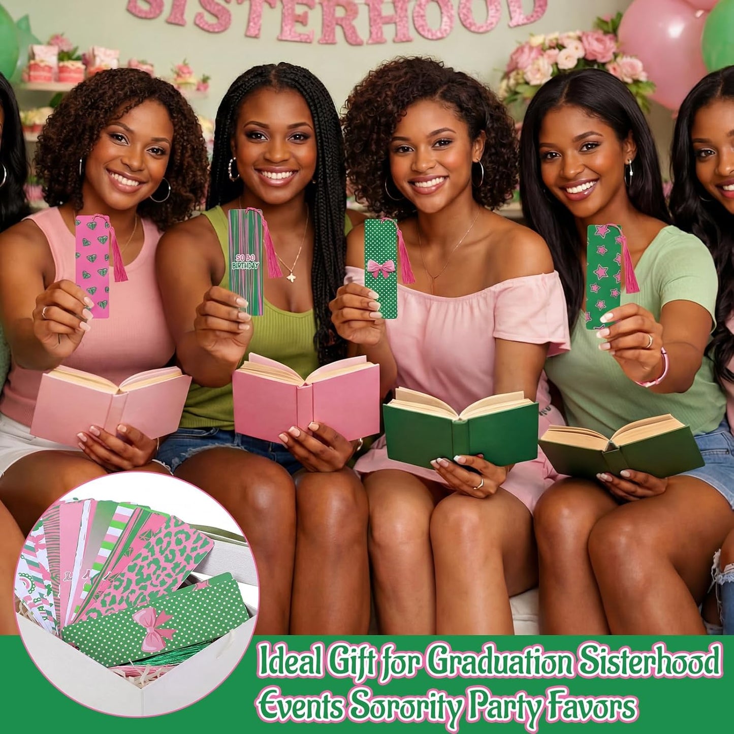 30 Set Pink and Green Sorority Bookmark with Tassels African American Pretty Sister Gifts for Women Sisterhood Party Favors Book Lover Reading Accessories