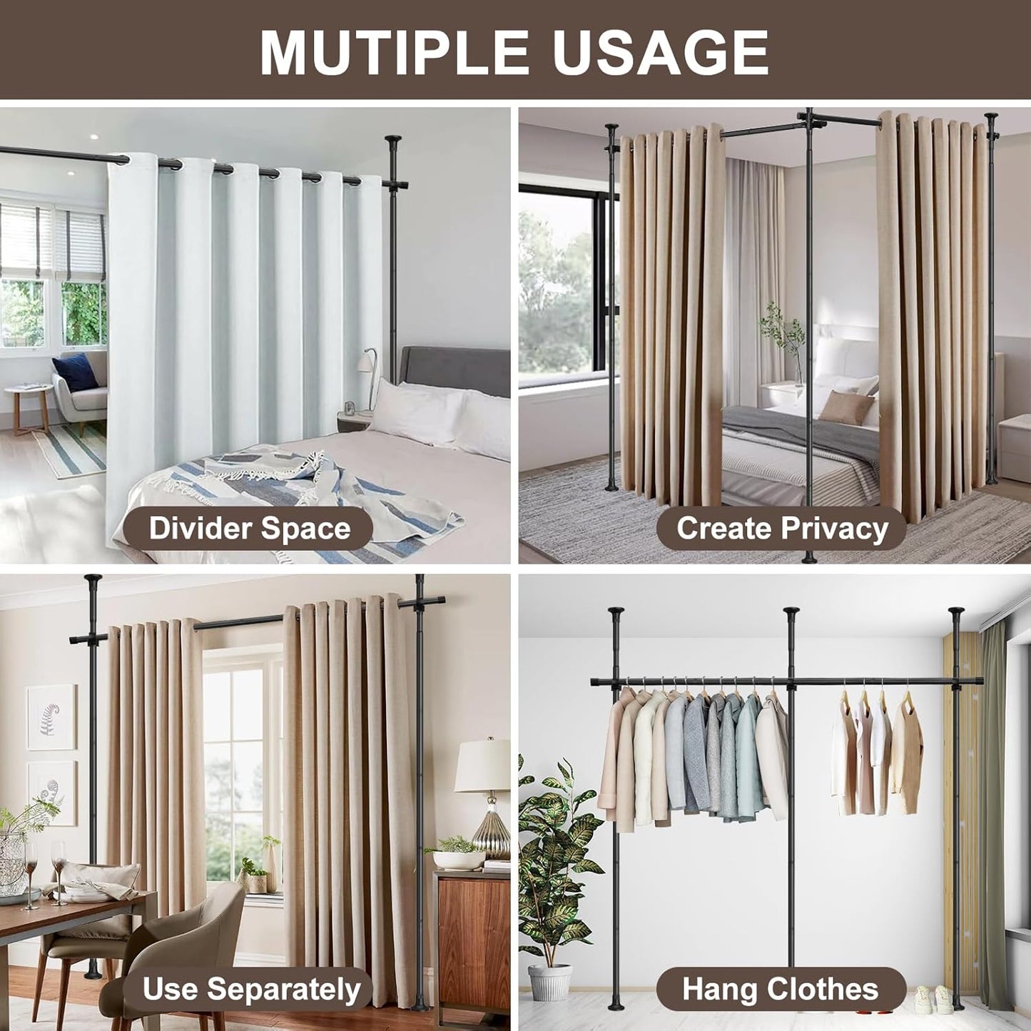 Room Divider Curtain Rod, Divider for Room Separation, 60-120inch(H) 48-120inch(W) Adjustable Room Separator, Heavy Duty Curtain Divider for Room Separation, Room Separators Divider Wall, Matt Black