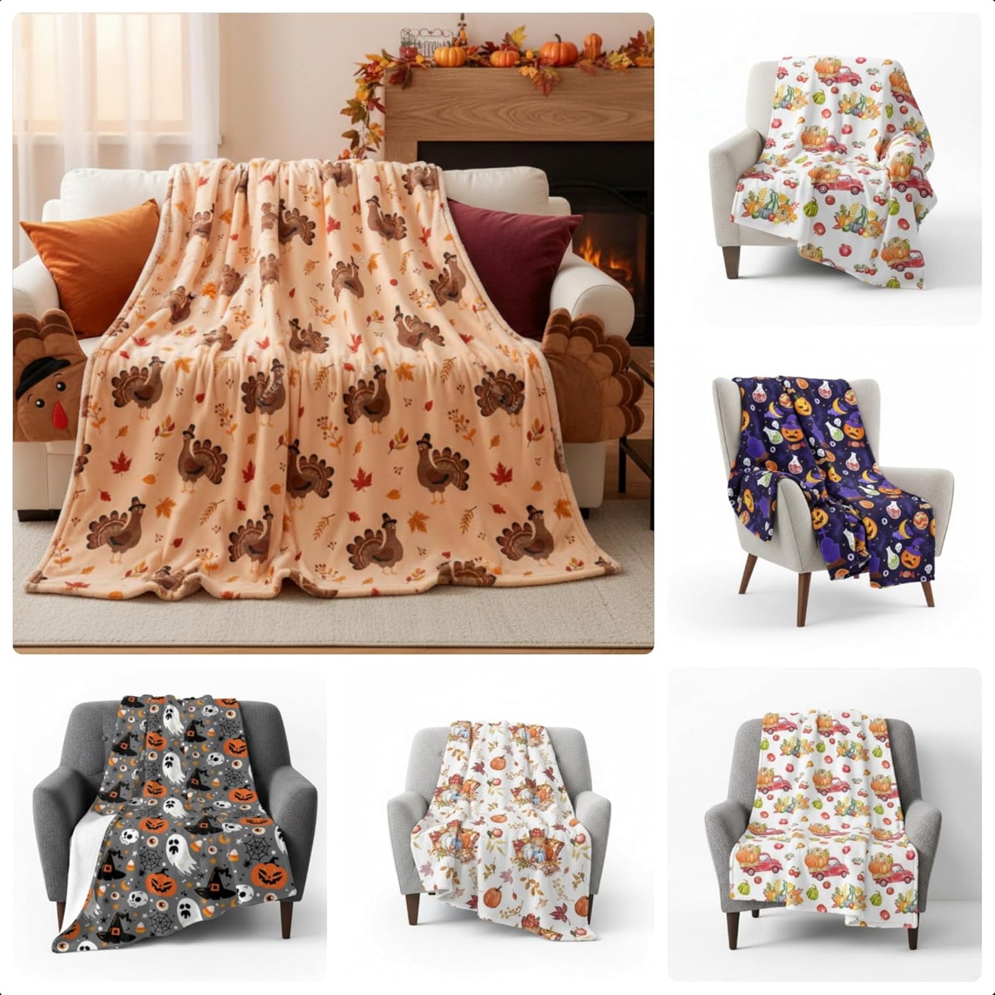 6 Pack Thanksgiving Day Throws Blanket Bulk in Bulk Autumn Thanksgiving Flannel Blanket Fall Pumpkin Turkey Lightweight Throw Soft Warm Fluffy Plush Quilt for Living Couch Dorm, 50 x 60 Inch