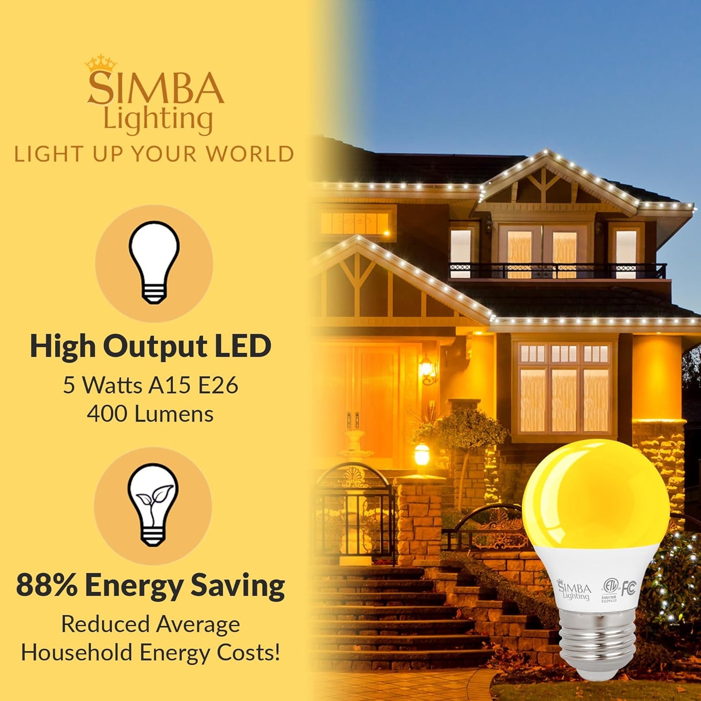 Simba Lighting LED Bug Non-Attracting Yellow Bulb ETL Listed 5W 40W Equivalent (4 Pack), Great for Outdoor Porch Light, Patio, Security, Night Light, Amber Warm Light, Compact A15 Shape E26 Base