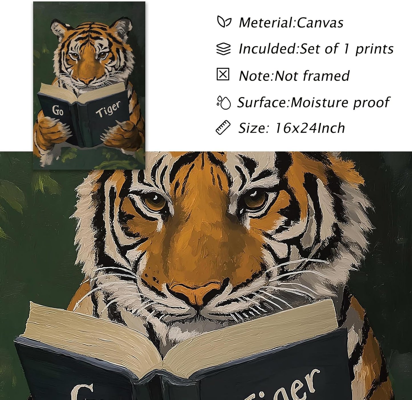 Tiger Canvas Wall Art Retro Tigers Picture Modern Animal Poster Animal Portrait Prints Tiger Reading Picture Vintage Wildlife Prints Trendy Animals Canvas Aesthetic Vintage Poster 16x24inch Frameless