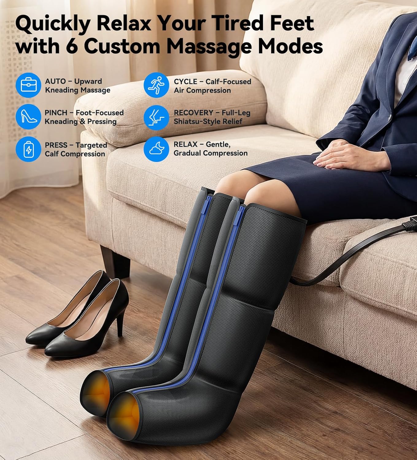 Leg Massager with Heat, Foot and Calf Air Compression Massager with 6 Modes & 9 Intensities, 3-Level Heating, LED Display, Timer, Zipper Design, Home Relaxation for Tired Feet & Calves, Charcoal Black
