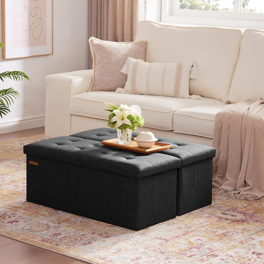HAUSFRAU 31.5 Inches Ottoman with Storage, Folding Ottoman Bench Small Foot Rest Stool, Bedroom Bench with Flipping Lid, Linen Black