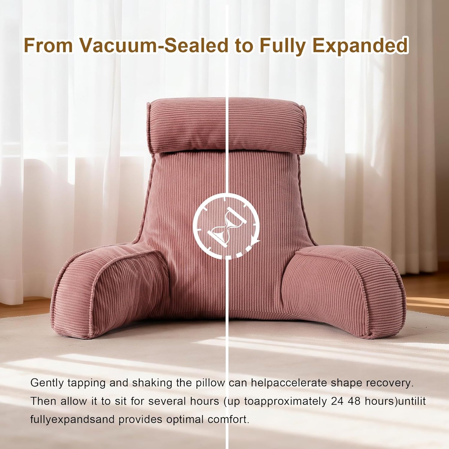 Corduroy Reading Pillow with Arms & Detachable Neck Roll, Bed Rest Back Support, Adult Cushion for Sitting Sofa & Floor, Side Pockets & Washable Cover, Brick Brown