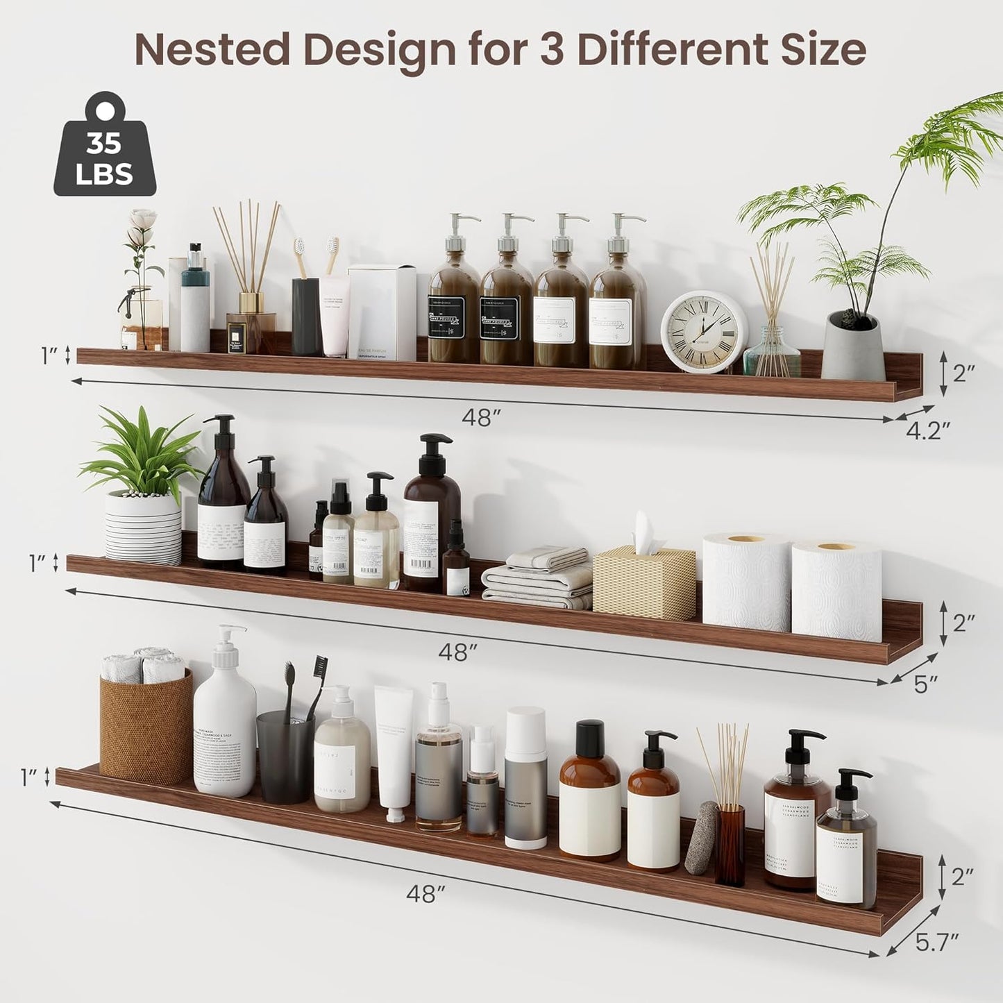 Axeman 48 Inch Floating Shelves | Walnut Picture Ledge Shelf Set of 3 | Rustic Wood Wall Shelves with Lip | 48" Walnut Picture Shelf for Wall with Ledge | Photo Shelves