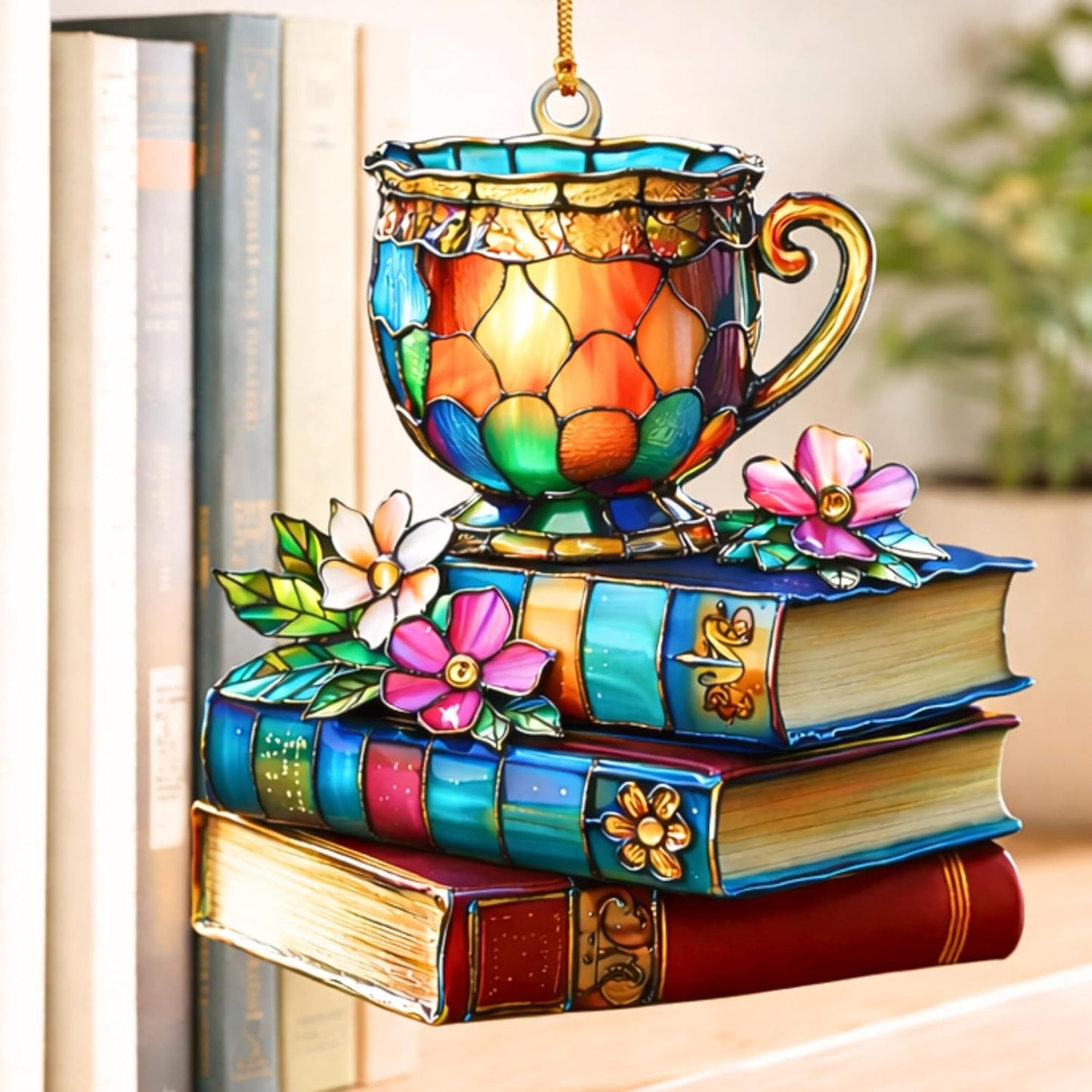 Book Lovers Gifts for Women -Tea Books Ornament, Floral Book Ornament, Gift for Readers Friends Coworker, Hanging Literary Decor, Reader, Bookworm, Book Ornament Faux Stained Glass Window Hanging.
