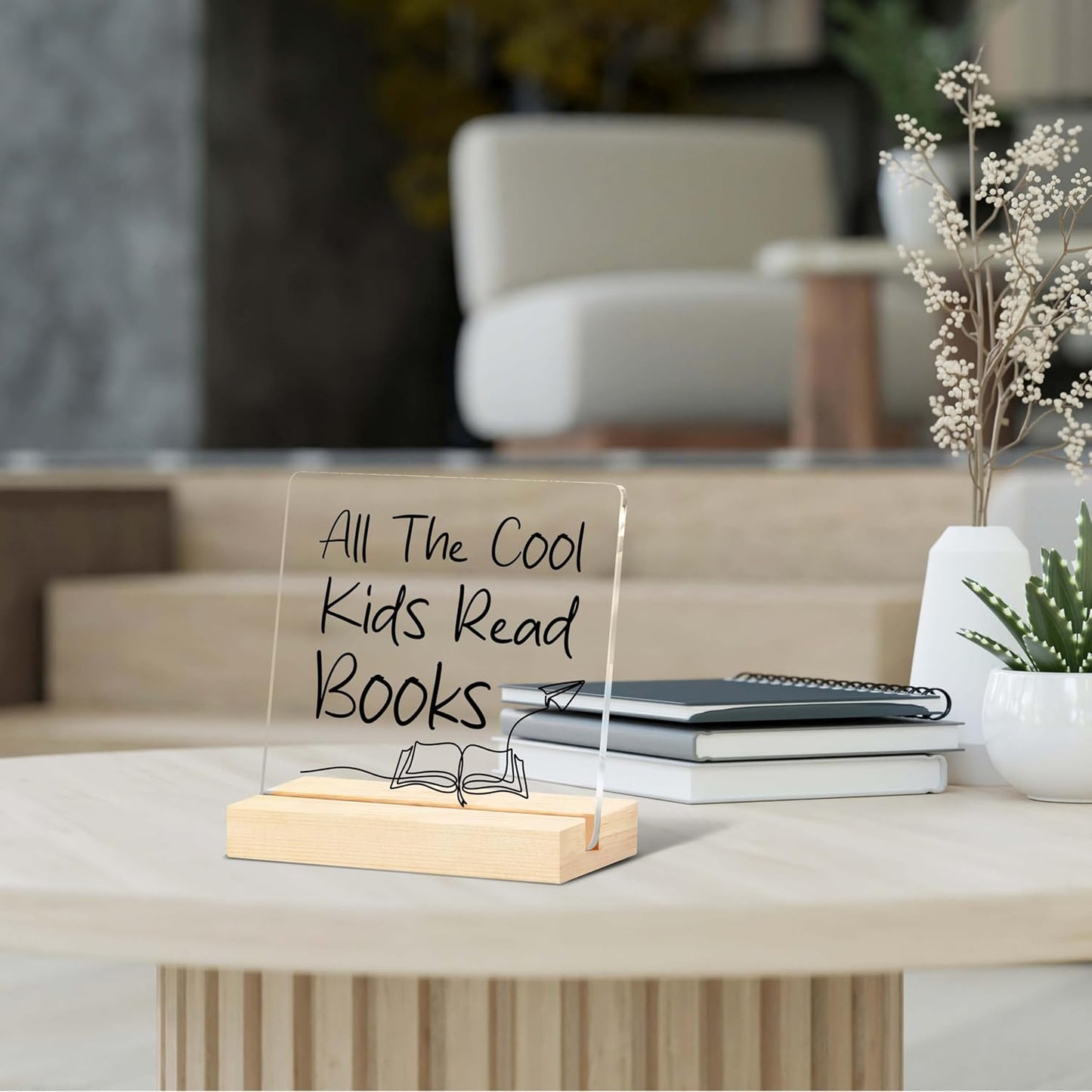 All The Cool Kids Read Books - Reading Sign 4"x4" with Wooden Stand - Decor for Classroom, Library, Reading Room, Book Shelf, etc. - Favors for Back-to-School Season, Christmas, etc.(004)