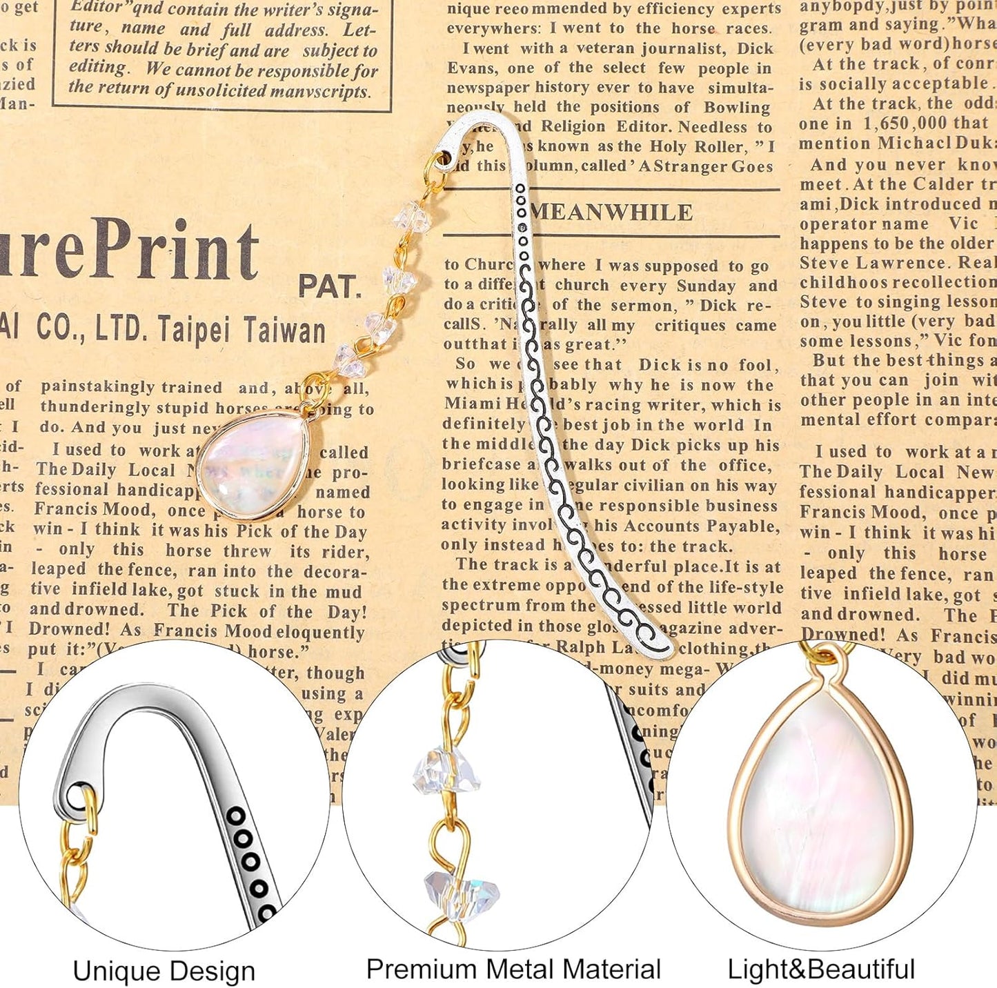 Vintage Metal Bookmark, Bookmark with Pendant, Embossed Bookmarks Elegant Opal Bookmarks with Drop Shell&Clear Quartz Crystal Stones Bead Chain for Women Men Book Lovers Teachers Girls (Silver)