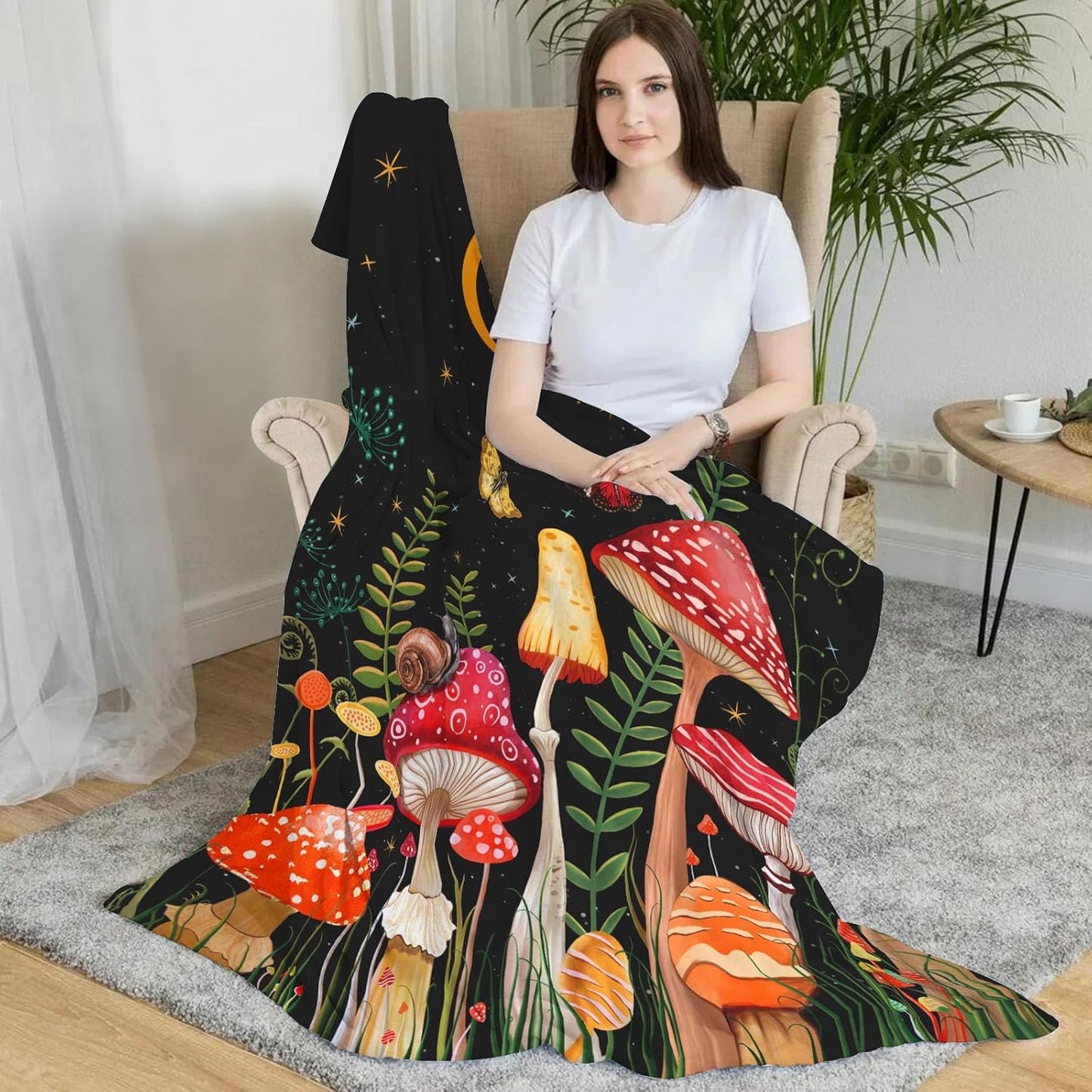 Leeisysme Mushroom Fleece Throw Blanket, Garden Plant Moon Butterfly Cozy Decor Nap Blankets Decoration Sofa Bed Couch Chair or Dorm Throws 40×50 inches