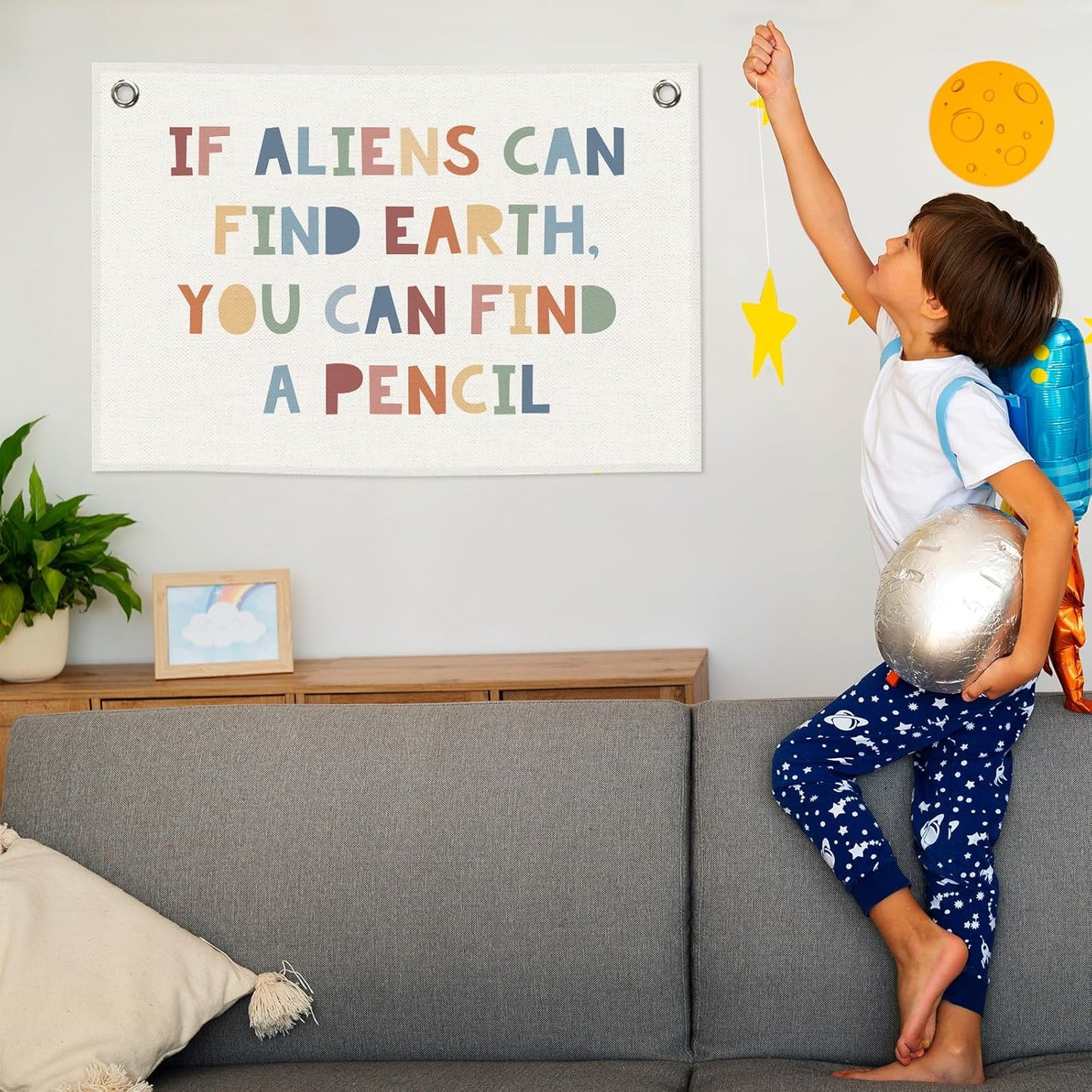 Funny Classroom Banner, Colorful Kids Room Decor, If Aliens Can Find Earth You Can Find A Pencil Sign, Nursery Canvas Flag Wall Hanging Decor Art for Playroom Toddler Room Preschool 20x30in