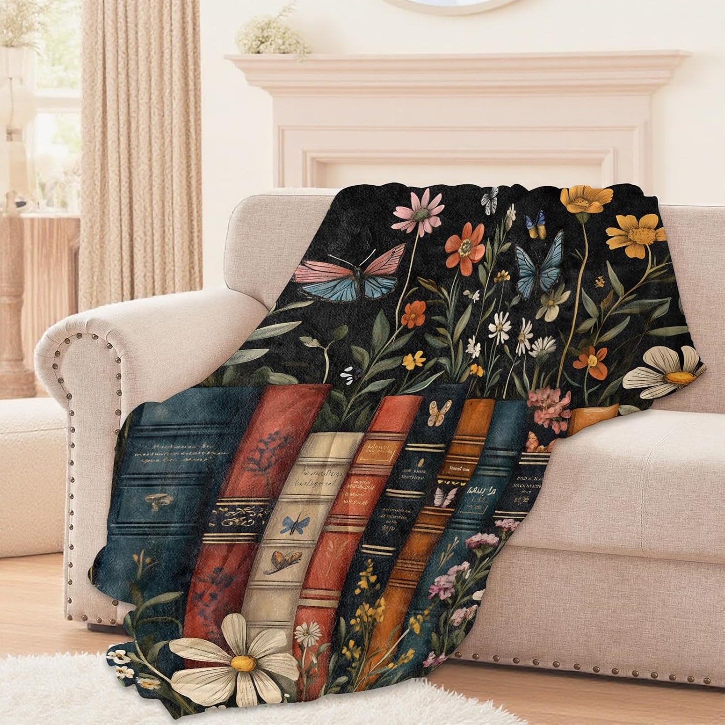Vintage Book Blanket, Books with Floral and Butterfly Lightweight Comfy Blankets for Couch Sofa Bedroom, Soft Plush Travel Flannel Throw Blanket Gifts for Women Adults Kids, Home Decor 60×50in