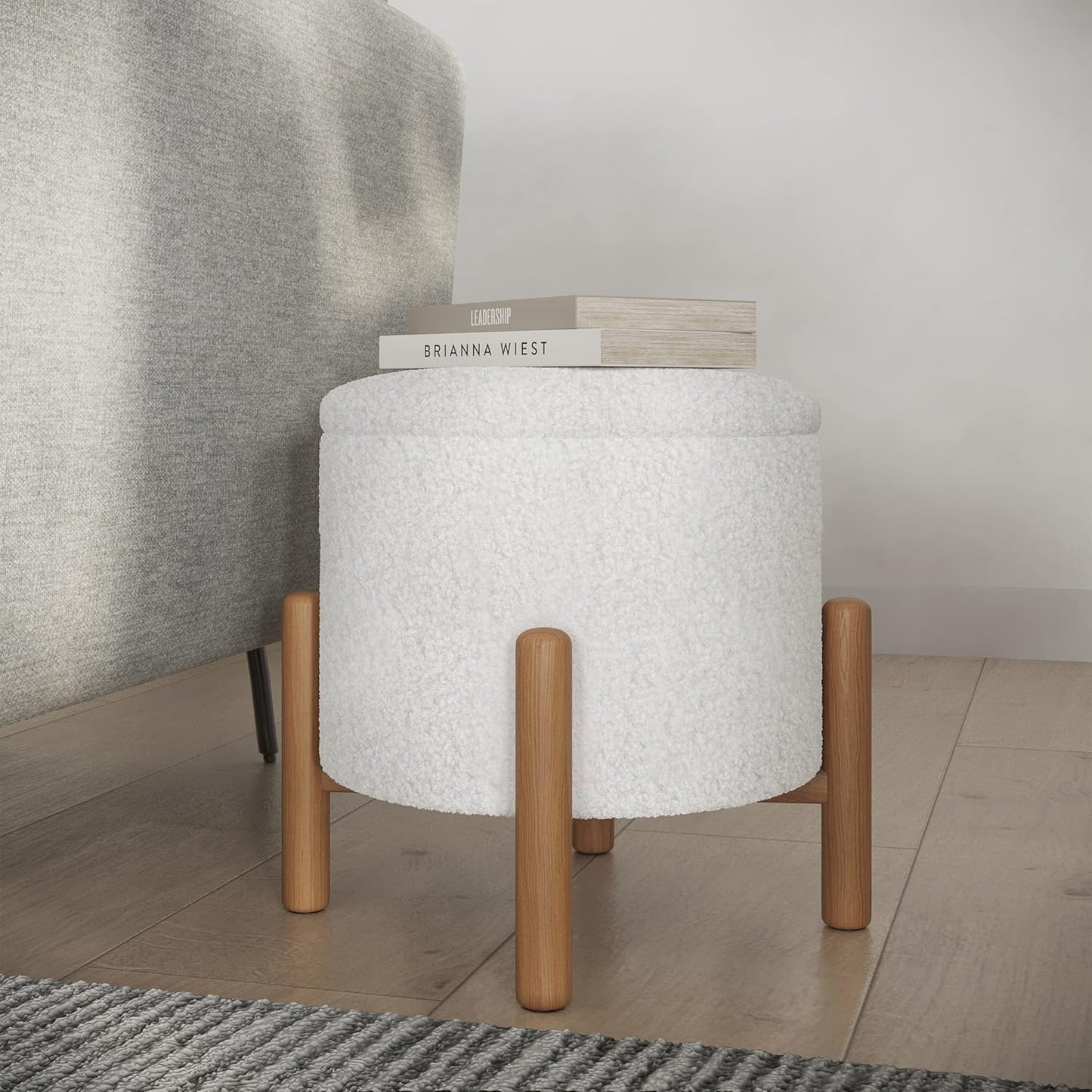 Round Sherpa Storage Ottoman Pouf with Removable Lid – Plush Couch Footrest & Hidden Organizer for Small Spaces, Dorm or Living Room by Lavish Home (White)