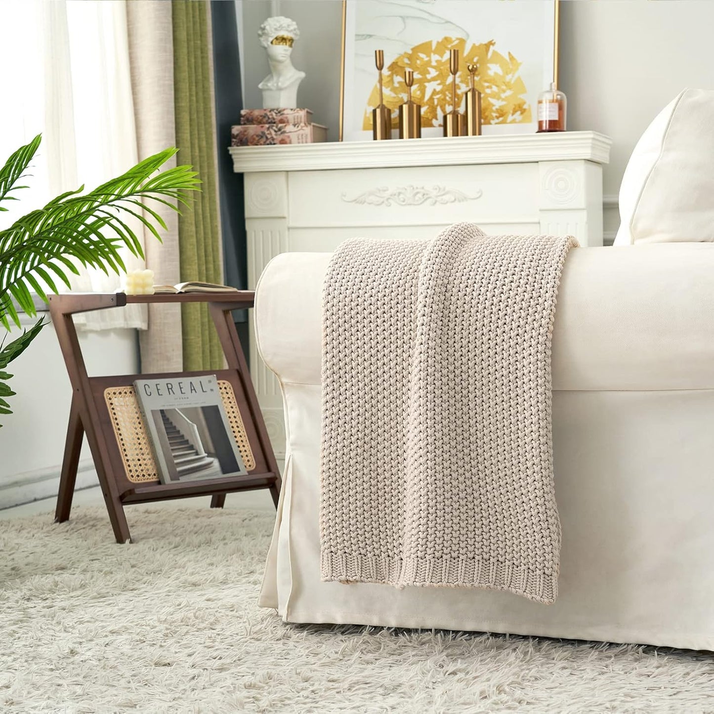 Chunky Cable Knit Throw Blanket Lightweight Beige 100% Organic Cotton Blanket for Sofa Couch Bed Baby Nursery, Rustic Shabby Chic Modern Farmhouse, 51” x 63” Give Laundering Bag