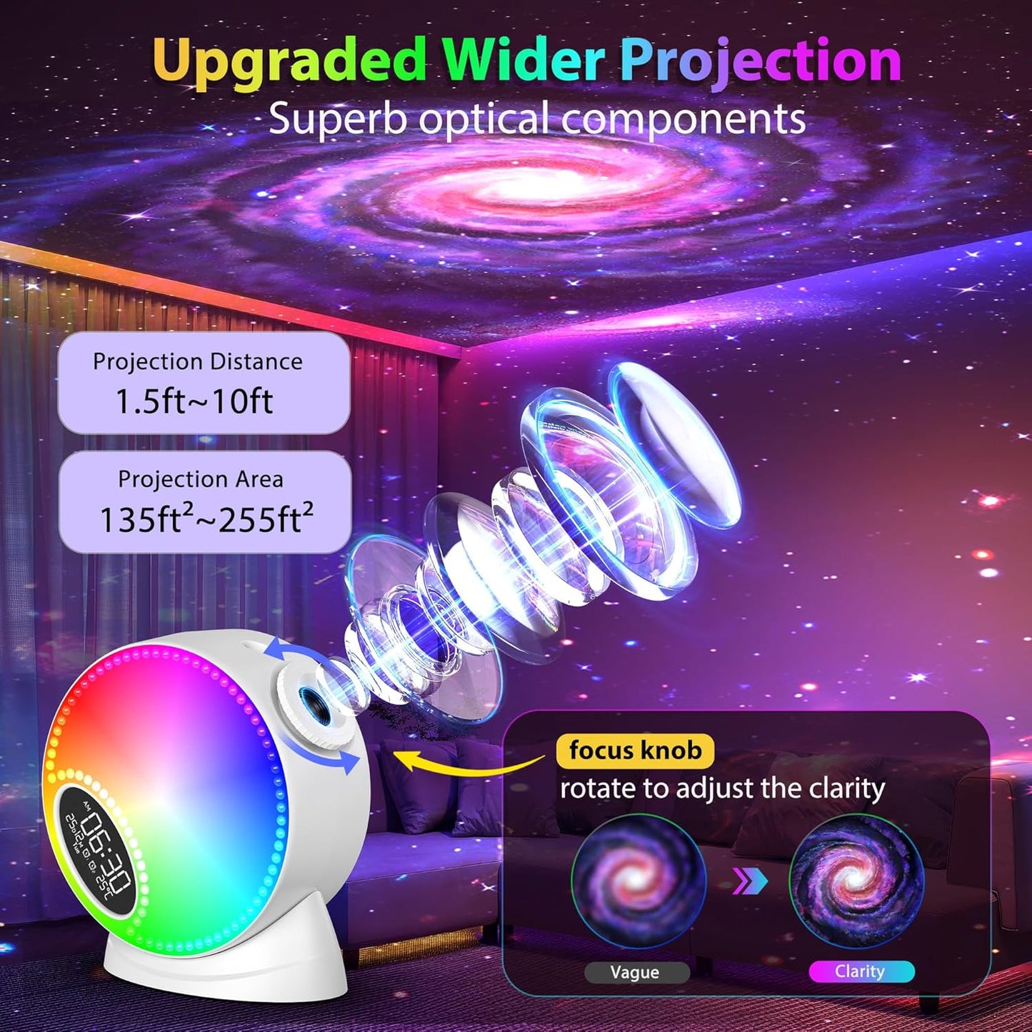 Galaxy Projector for Bedroom, 12 in 1 Star Projector Night Light Bluetooth Speaker, 15 White Noise Planetarium Projector with Meteor Effect, Varicolored Ambient Light