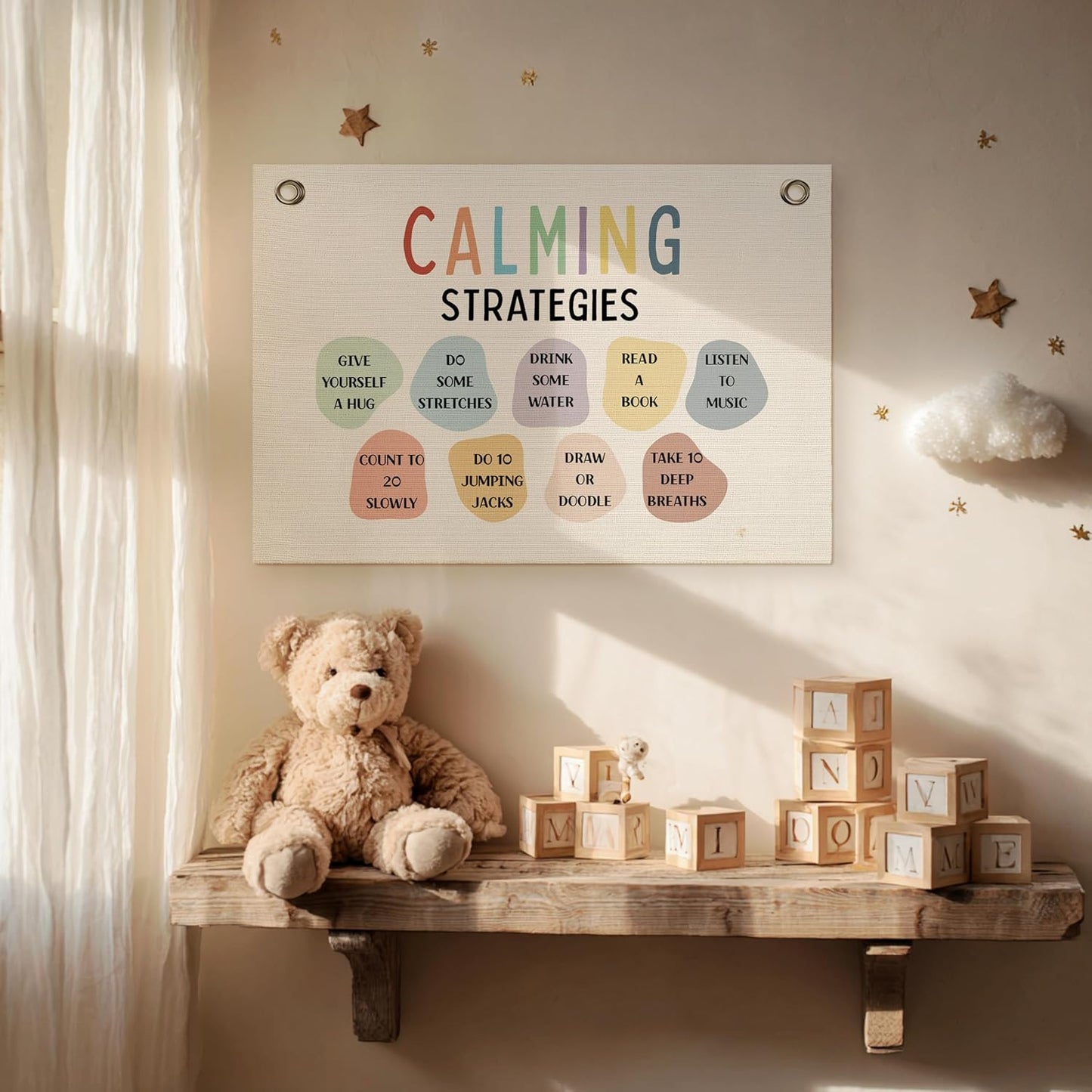 Calming Corner Hanging Banner Sign - Safe Space Classroom, School Counselor's Office, Calm Down Corner Decor for Nursery School Therapy Office, Positive Affirmations Inspirational Wall Art (Colorful, 30x20inch)