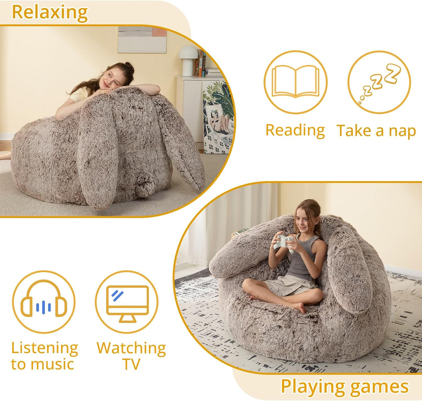 Bean Bag Chair for Adults Kids Giant Fluffy Plush Bean Bag Sofa with Filler Faux Fur Rabbit Shaped Beanbag Chairs Comfy Accent Floor Couch for Gaming, Reading in Bedroom, Living Room, Dorm